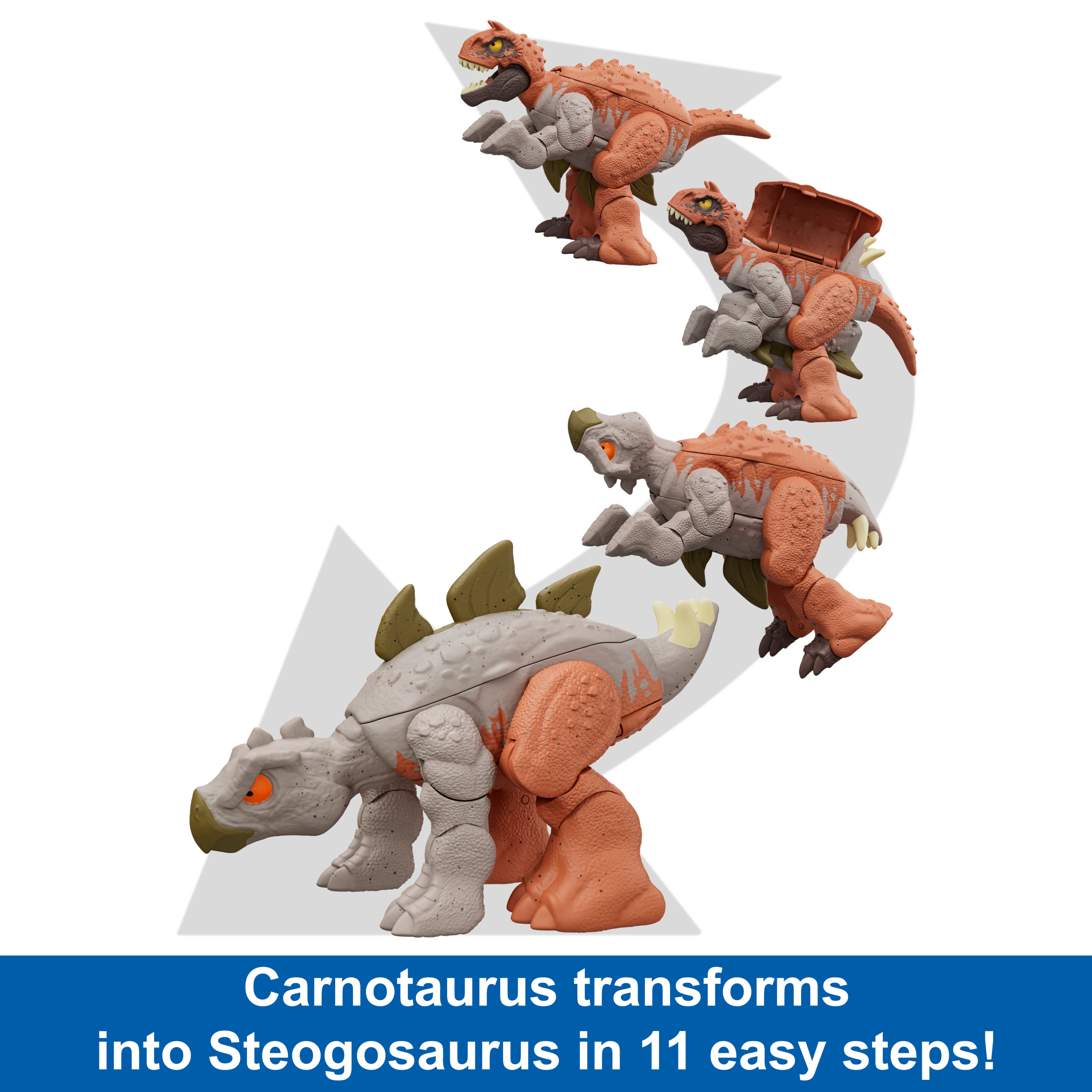 Carntaurs se transforma en Stegosaurus, la flecha muestra los pasos de transformación.