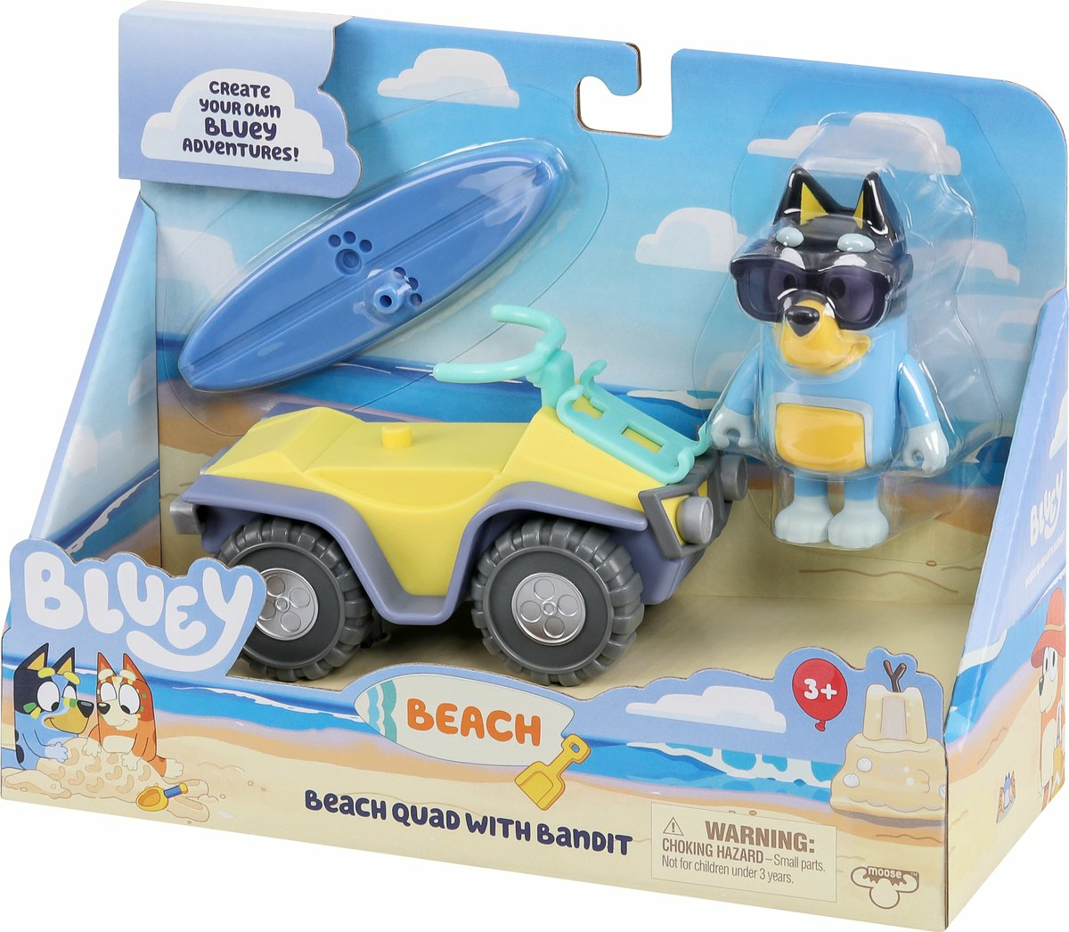 Bluey speelset: blauwe quad met gele stoel, Bluey figuur met zonnebril en surfplank.