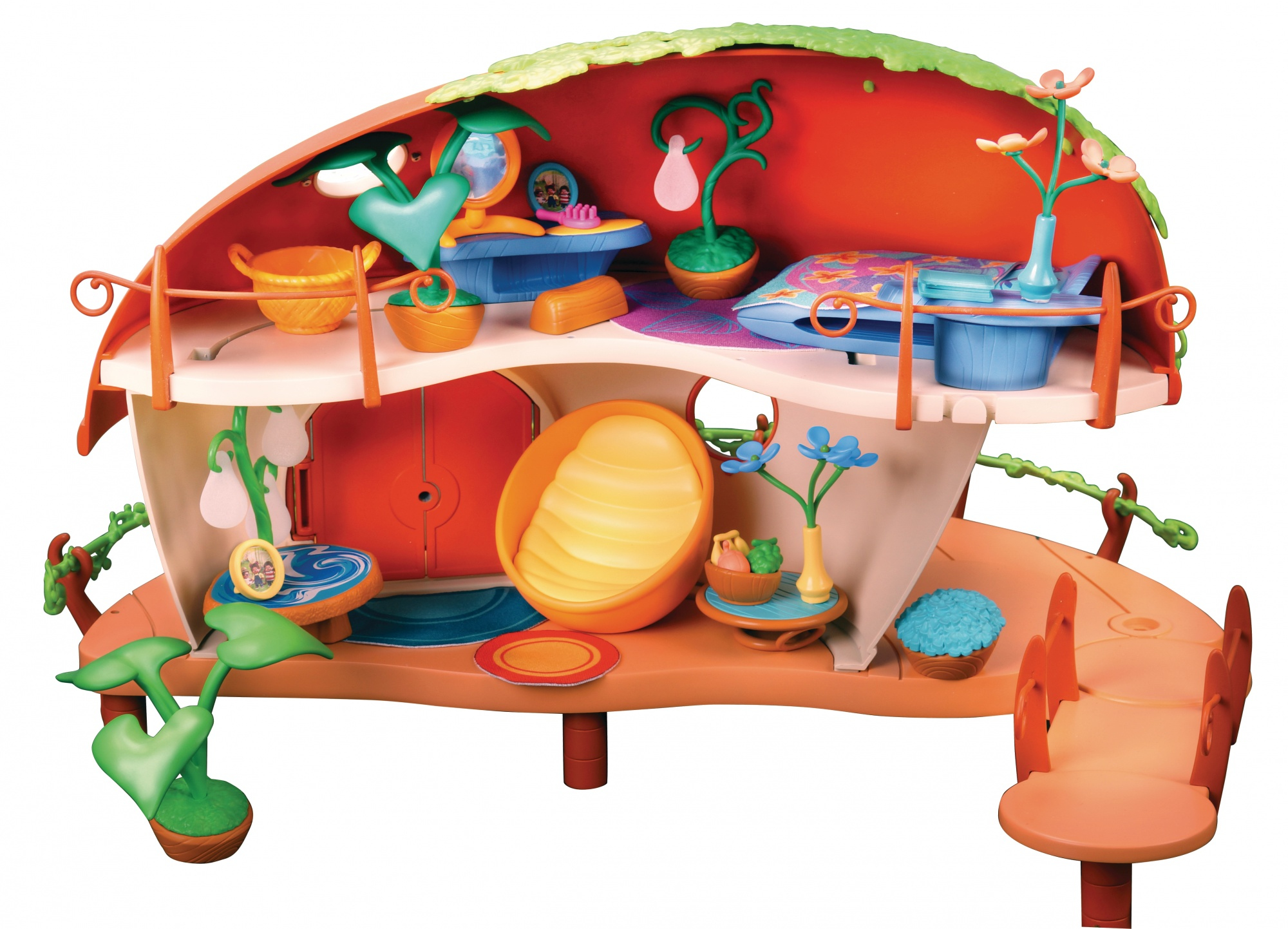 Un juguete de casa de juegos colorido. Tiene un exterior naranja e incluye muebles.