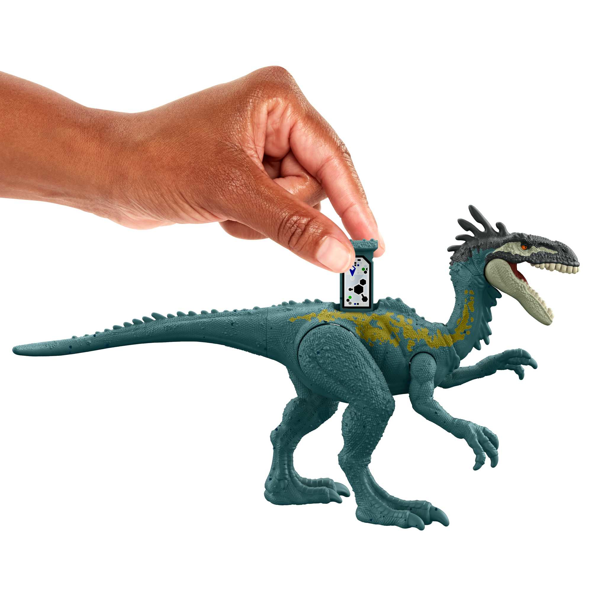 Ein blaues und grünes Dinosaurierspielzeug, in das eine Hand eine Karte einführt. Die Karte hat Schwarz-Weiß-Bilder.