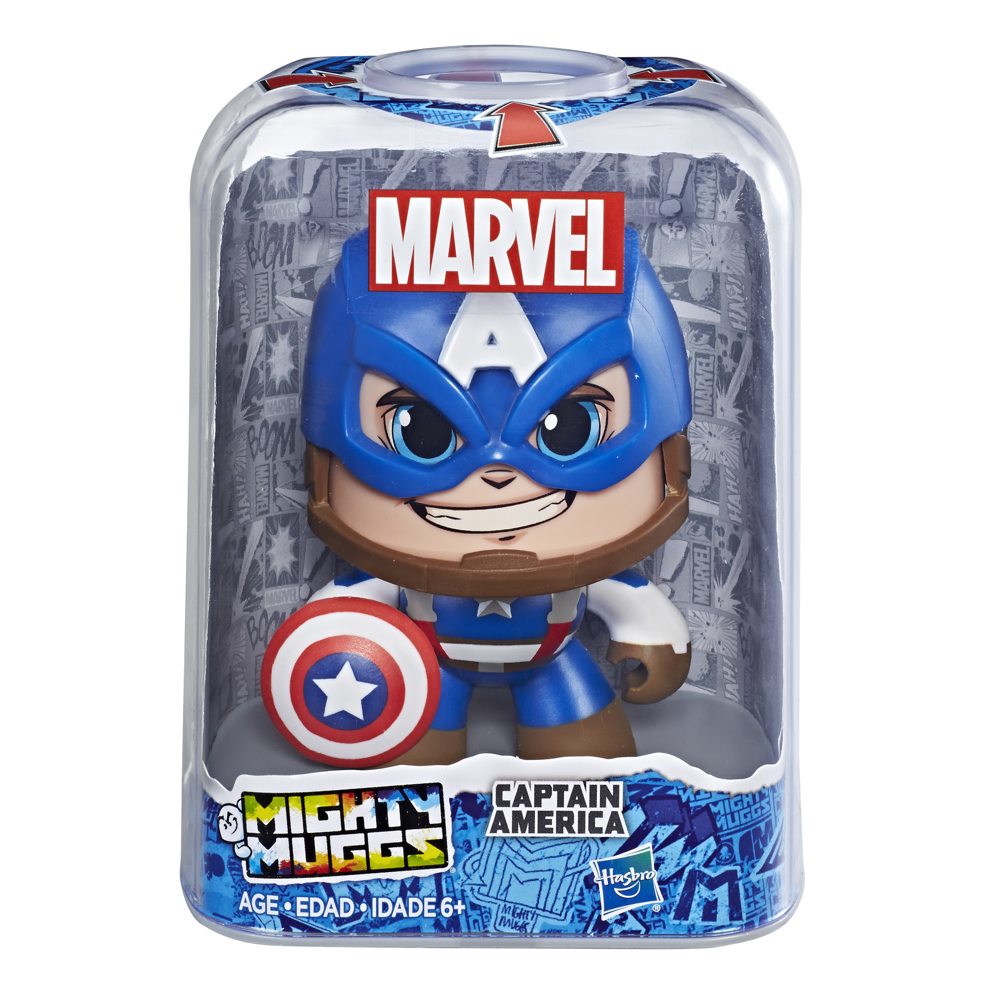 Un giocattolo di Captain America in una scatola di plastica trasparente. Il giocattolo è in posa da combattimento, con uno scudo.