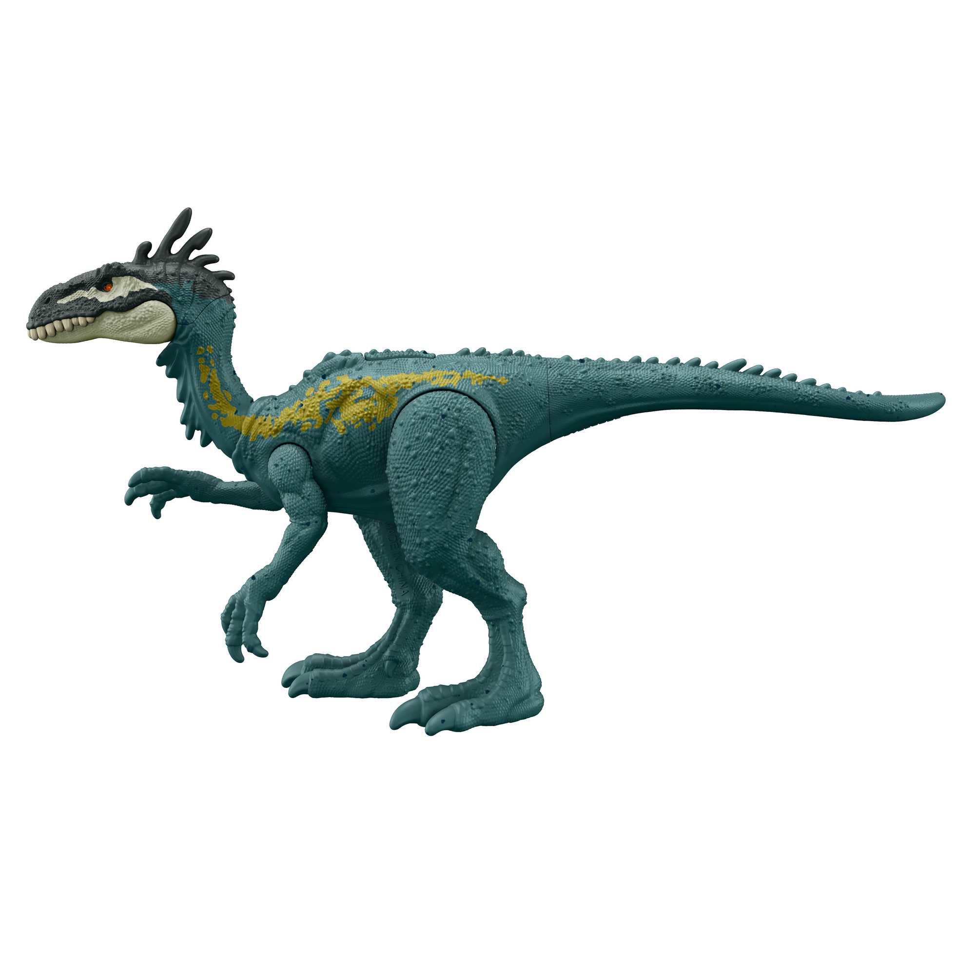 Blaues und goldenes Dinosaurierspielzeug mit strukturiertem Körper.