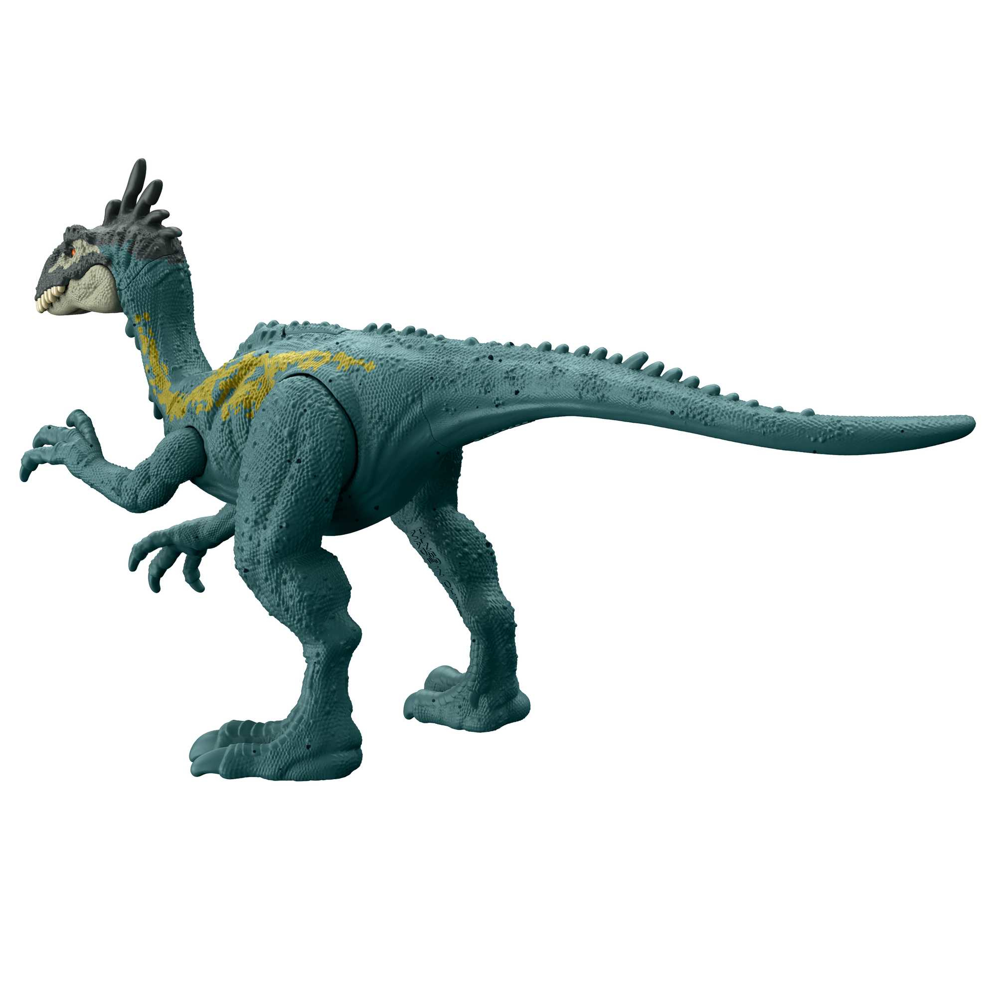 Blau-türkises Dinosaurierspielzeug mit gelben Streifen, Seitenansicht.