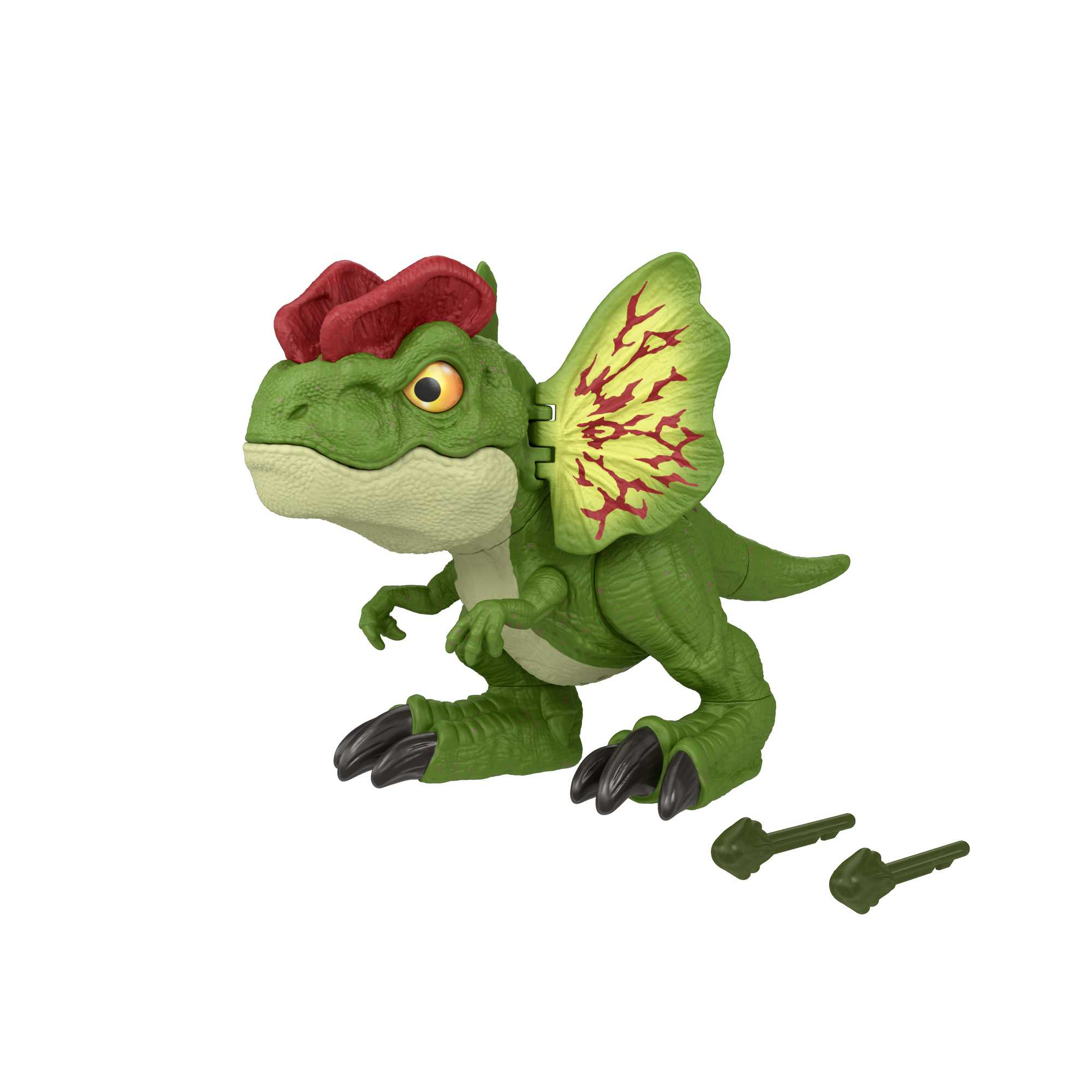 Zielona zabawka dinozaura z czerwonymi akcentami, otwartą paszczą i trzema pociskami. Zabawka gotowa do wystrzelenia pocisków.