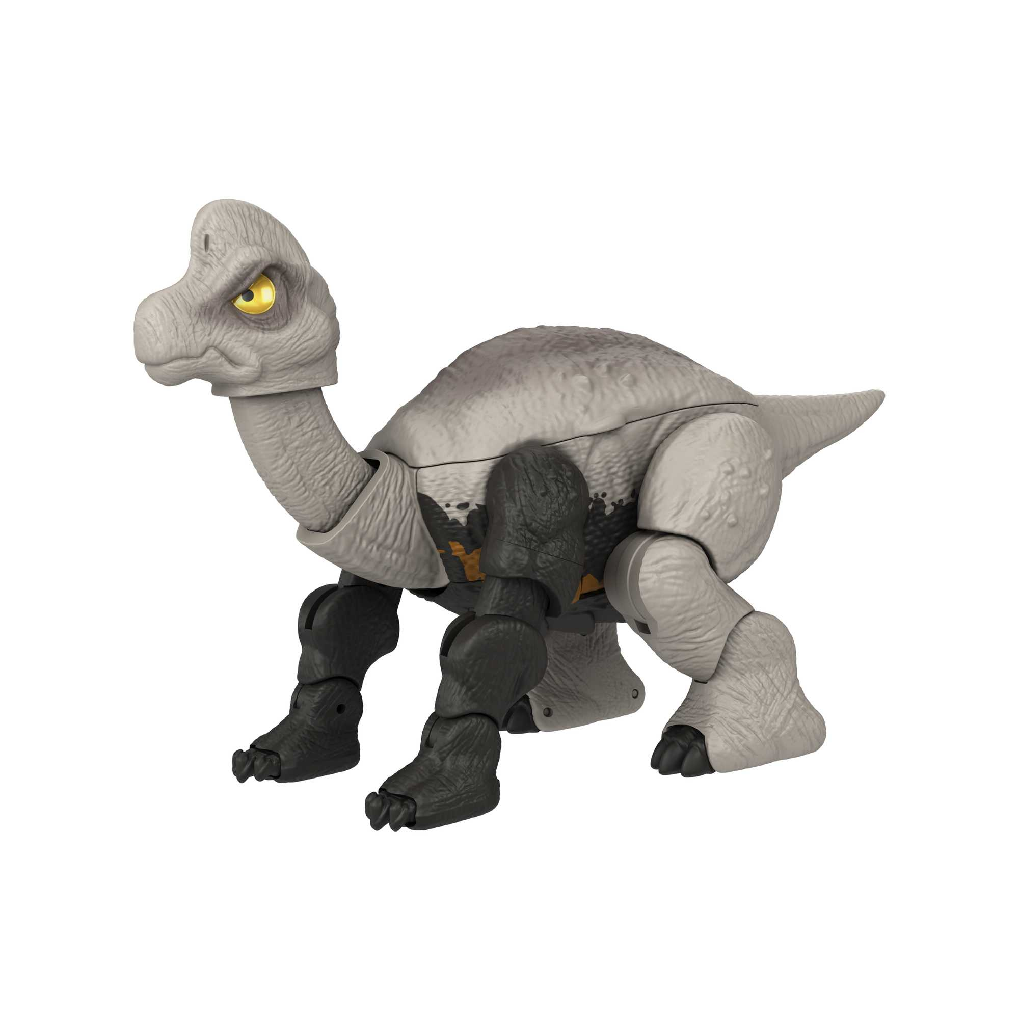 Graues Dinosaurierspielzeug mit gelben Augen. Das Spielzeug geht auf vier Beinen.