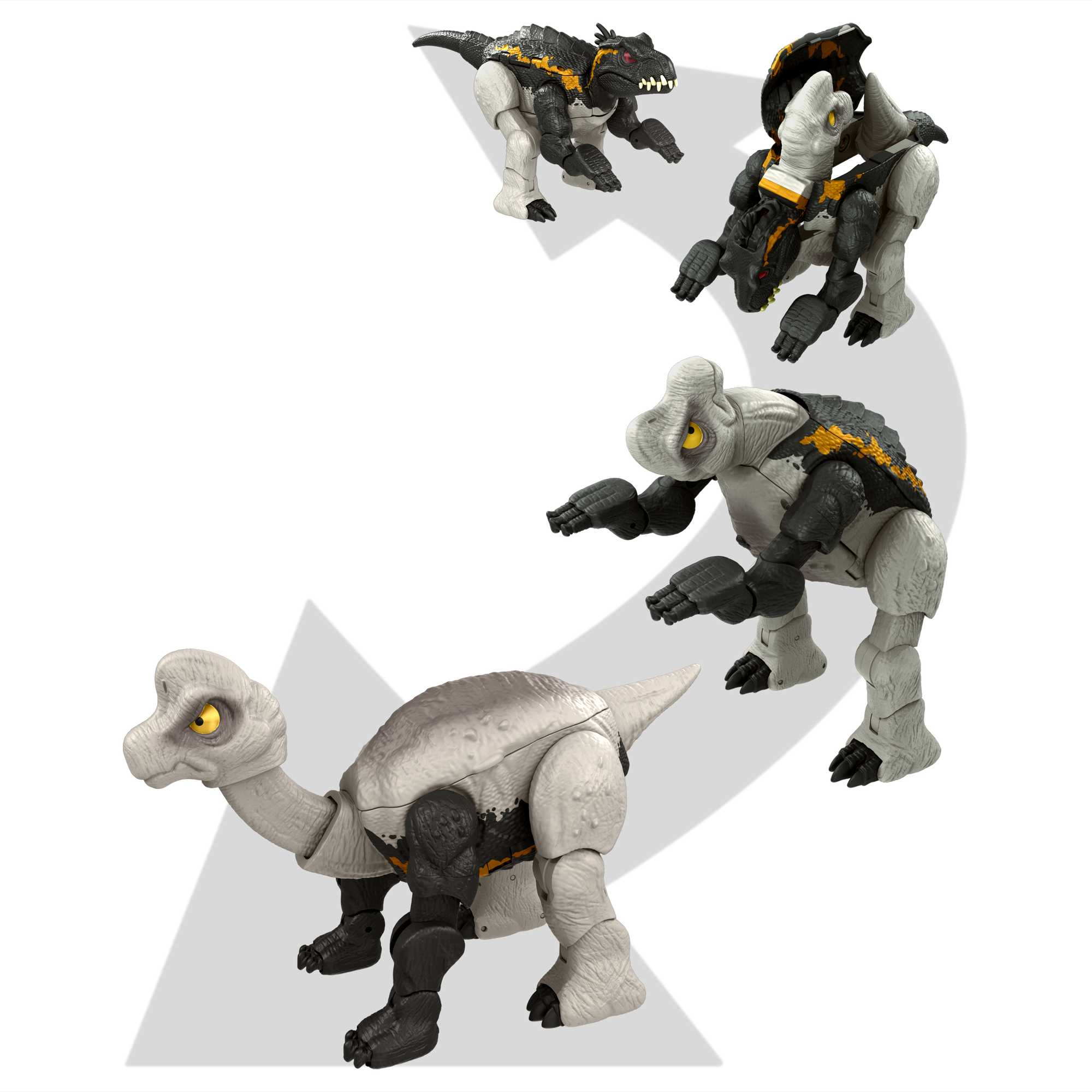 Vierstufiges Transformationsspielzeug, das einen sich verwandelnden Dinosaurier zeigt. Schwarz-Grau-Farbschema.