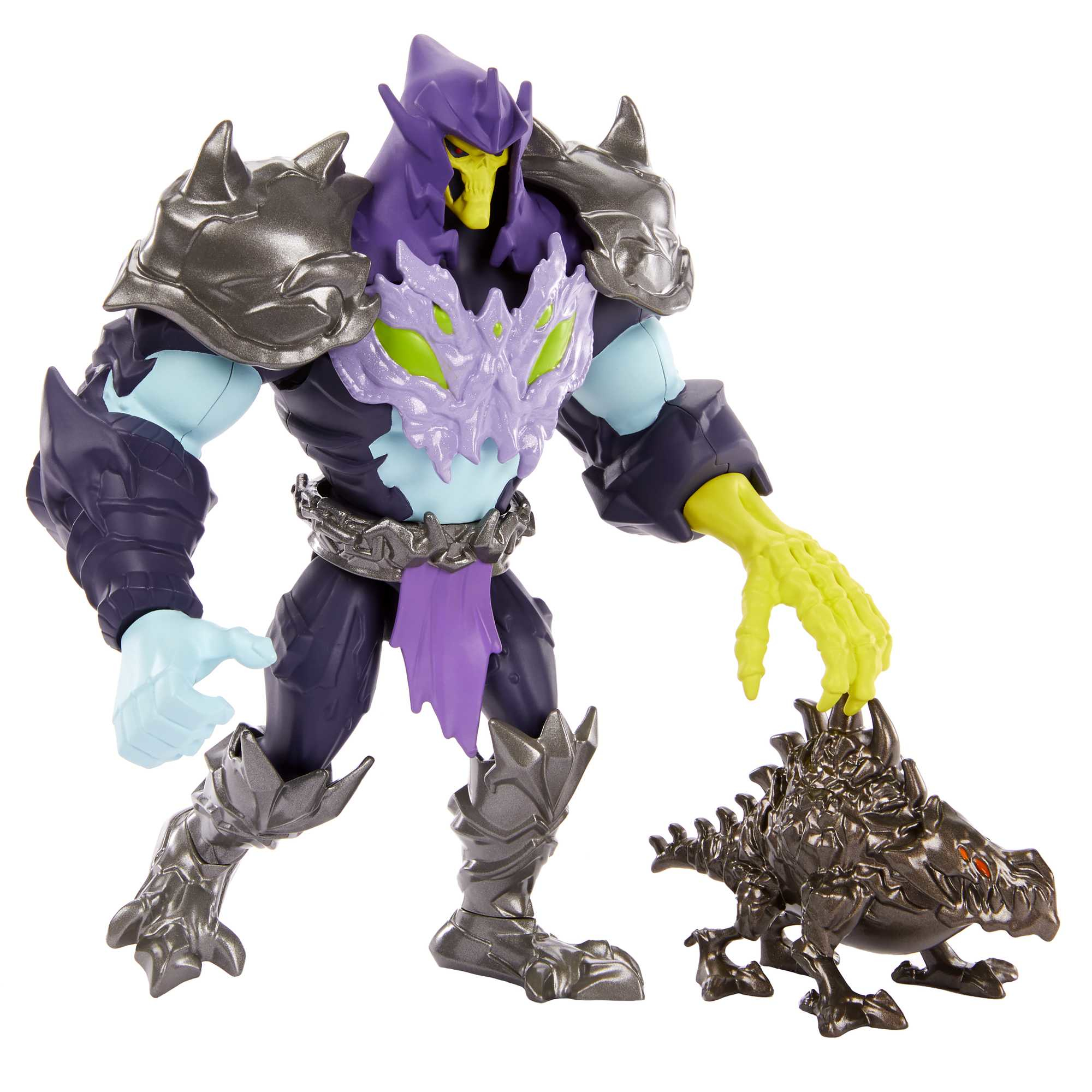 Figurka Skeletora z gadzim stworzeniem. Skeletor jest fioletowy, szary i żółty. Stworzenie jest brązowe.