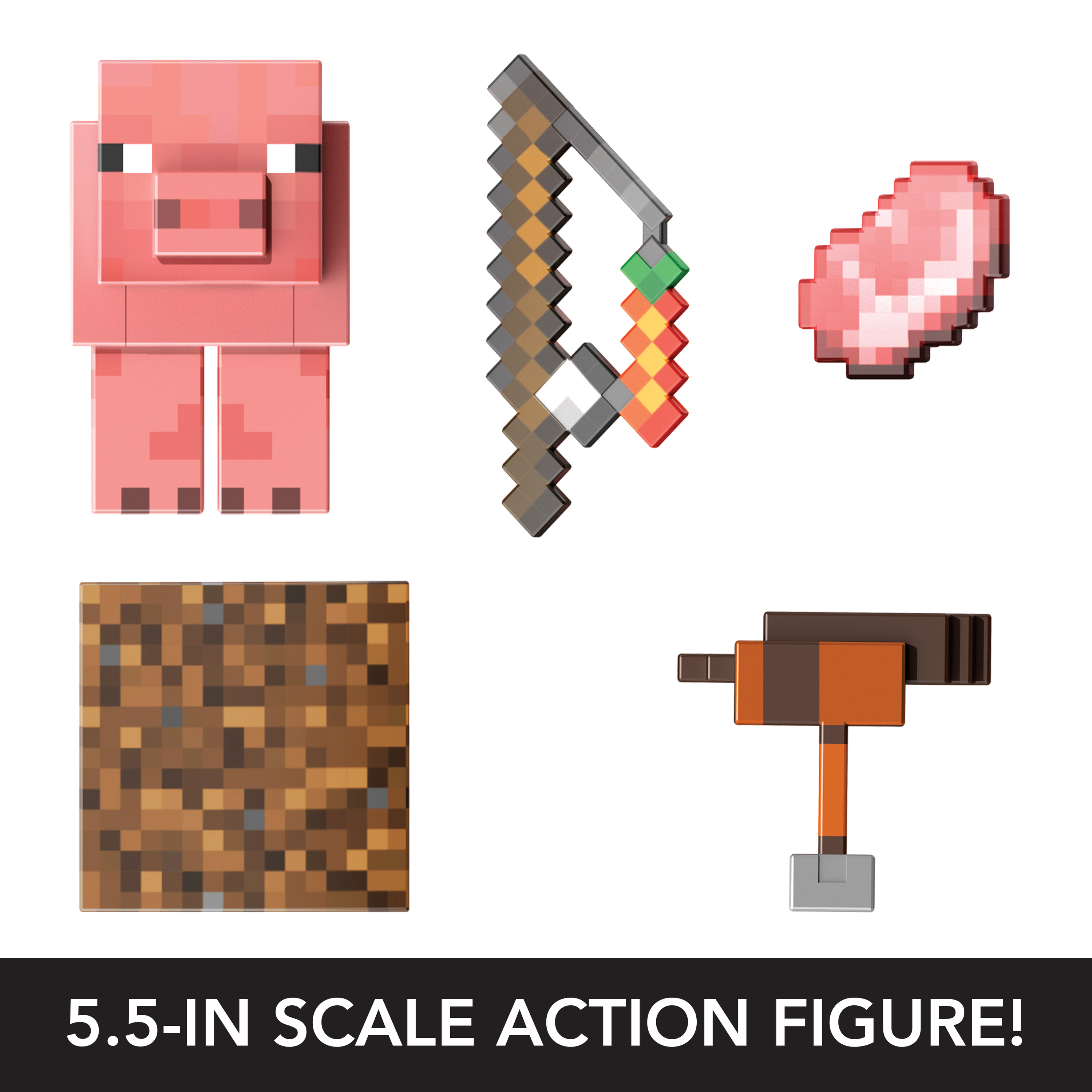 Zestaw zabawek Minecraft ze świnią, łukiem, kotletem schabowym, blokiem ziemi i młotkiem.