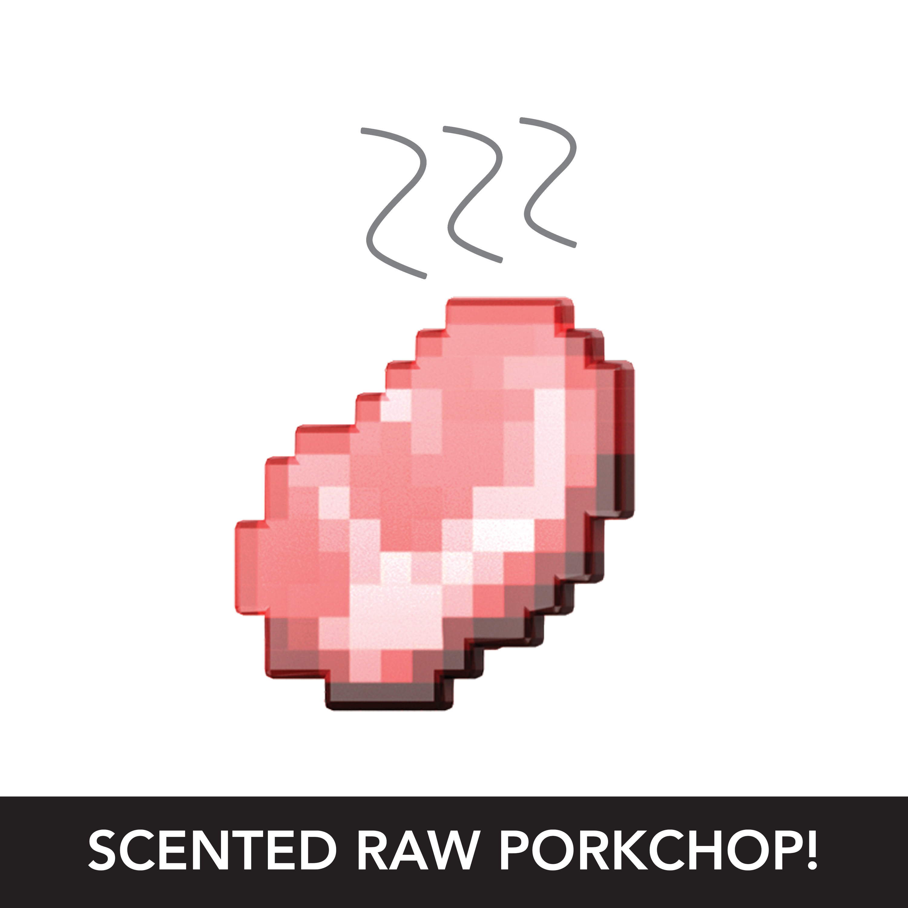 Spikselowany surowy kotlet schabowy z liniami pary, na białym tle.