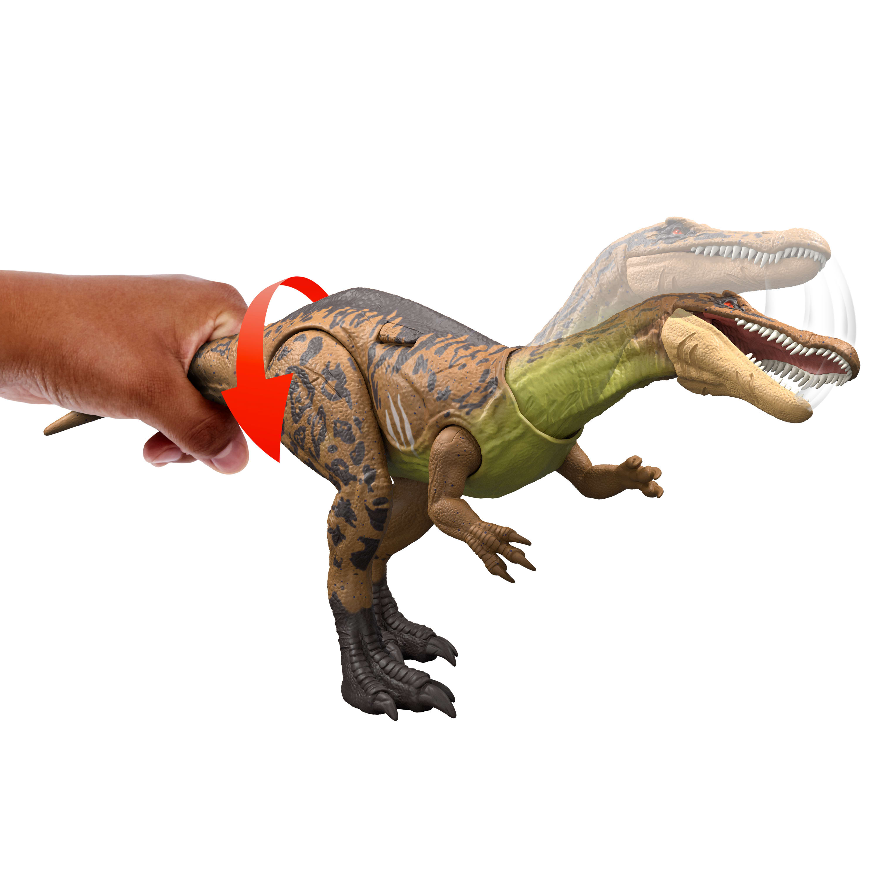 Zabawka dinozaura, brązowa z czarnymi oznaczeniami, jest obracana przez rękę. Drugi dinozaur w tle.