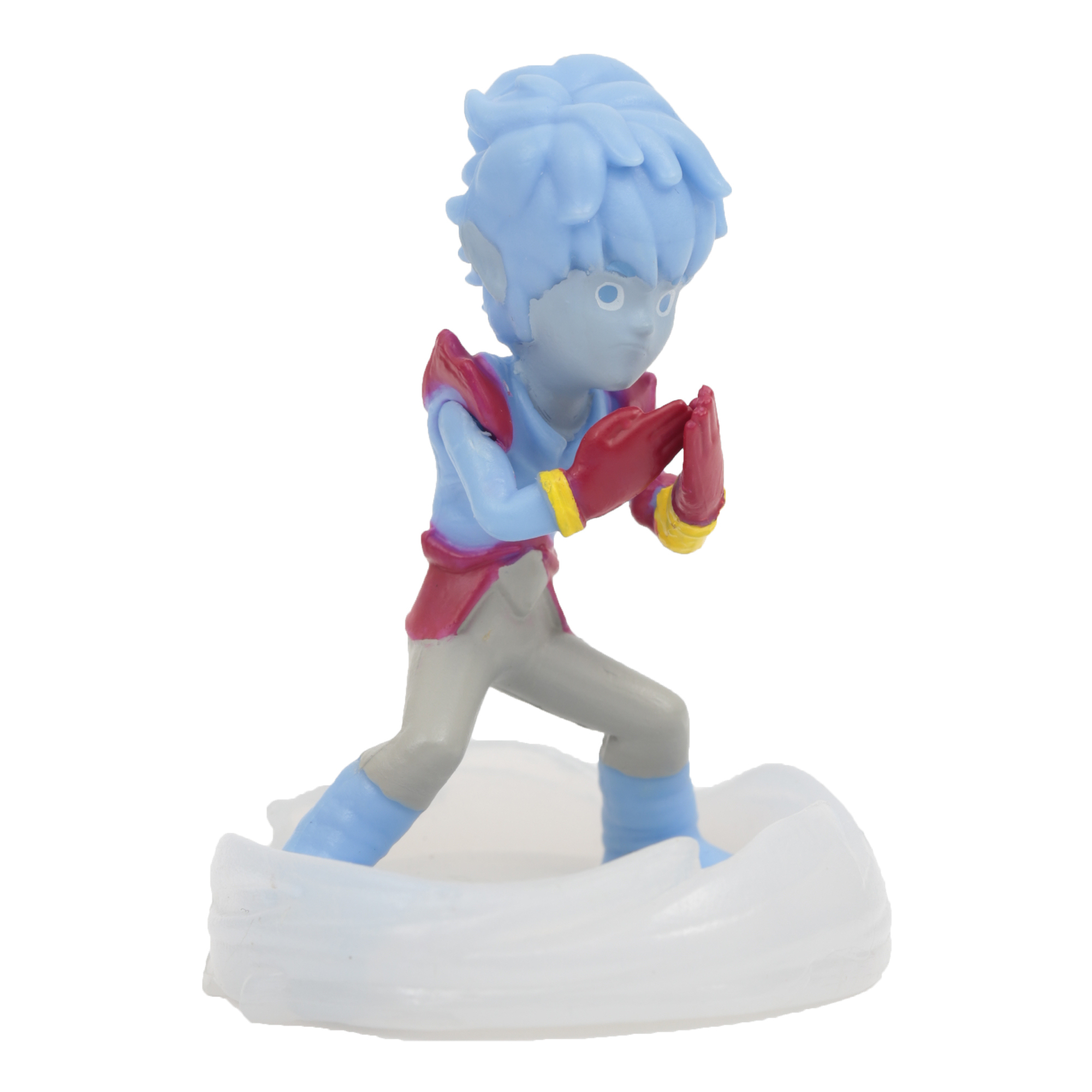 Una figura azul con guantes rojos y chaqueta roja, sobre una base blanca en forma de nube, en pose.