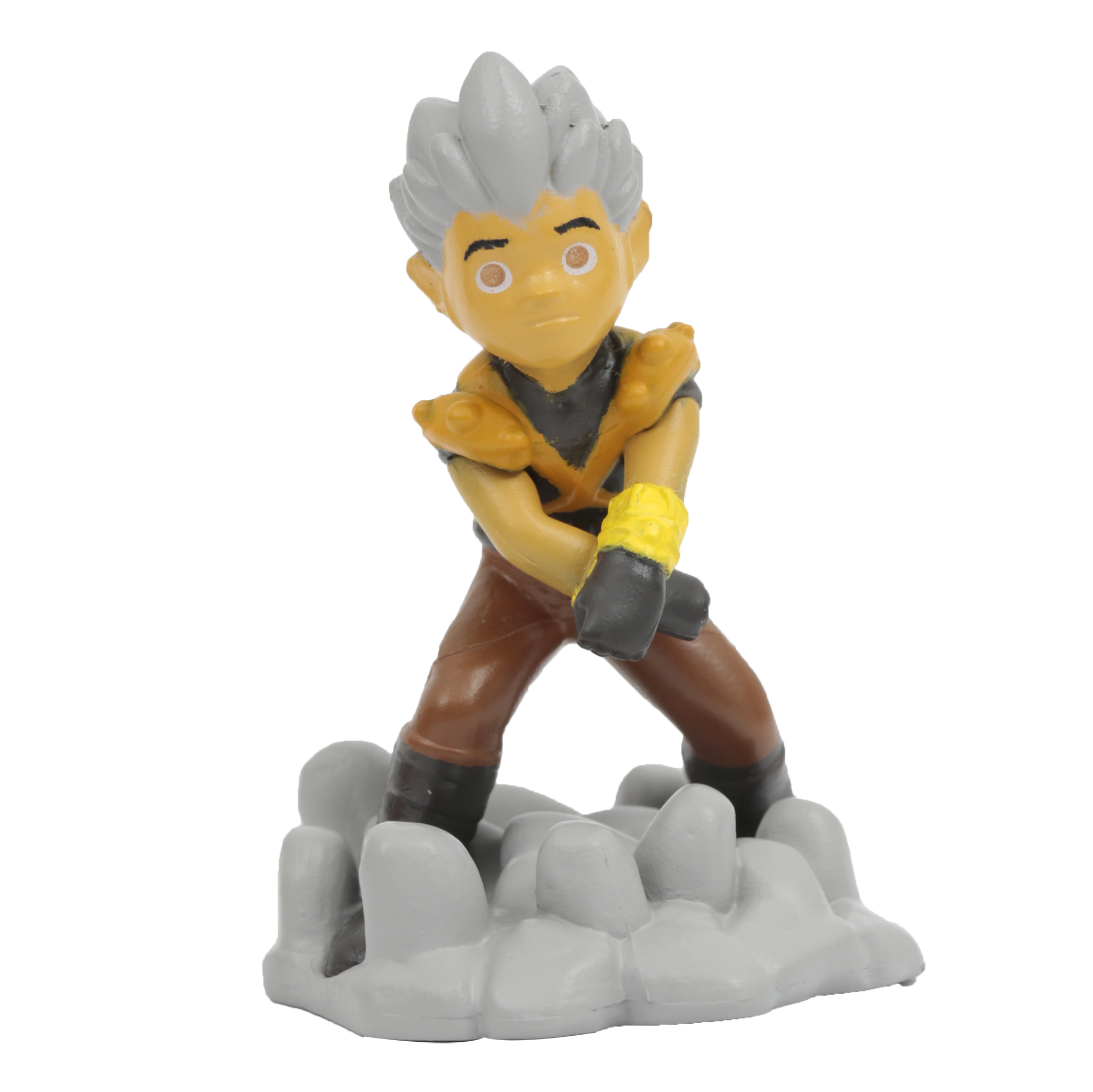 Figura de personaje de dibujos animados en pose de lucha sobre una base gris en forma de nube.