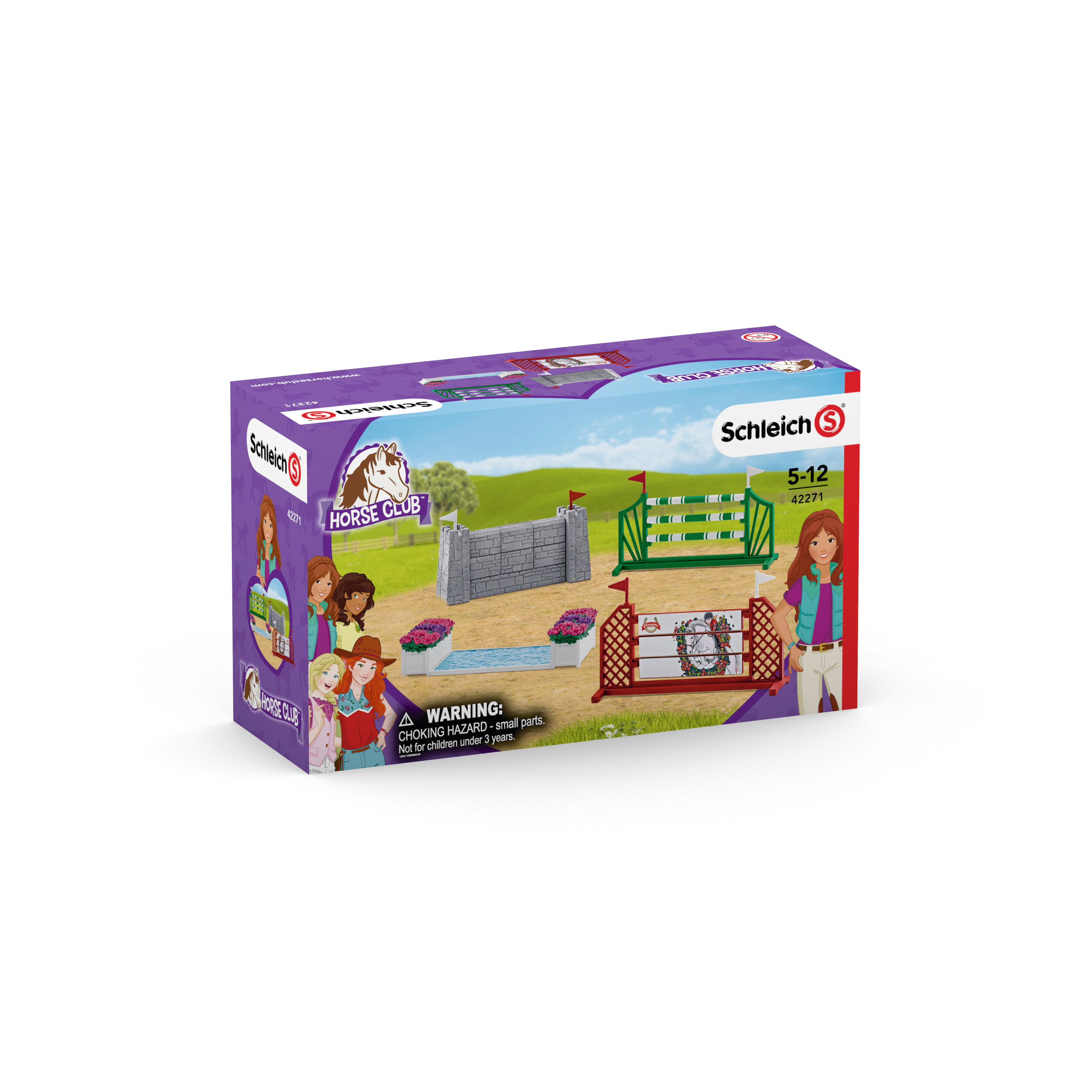 Pferdeclub-Spielset mit Zäunen und Figuren. Lila Box.