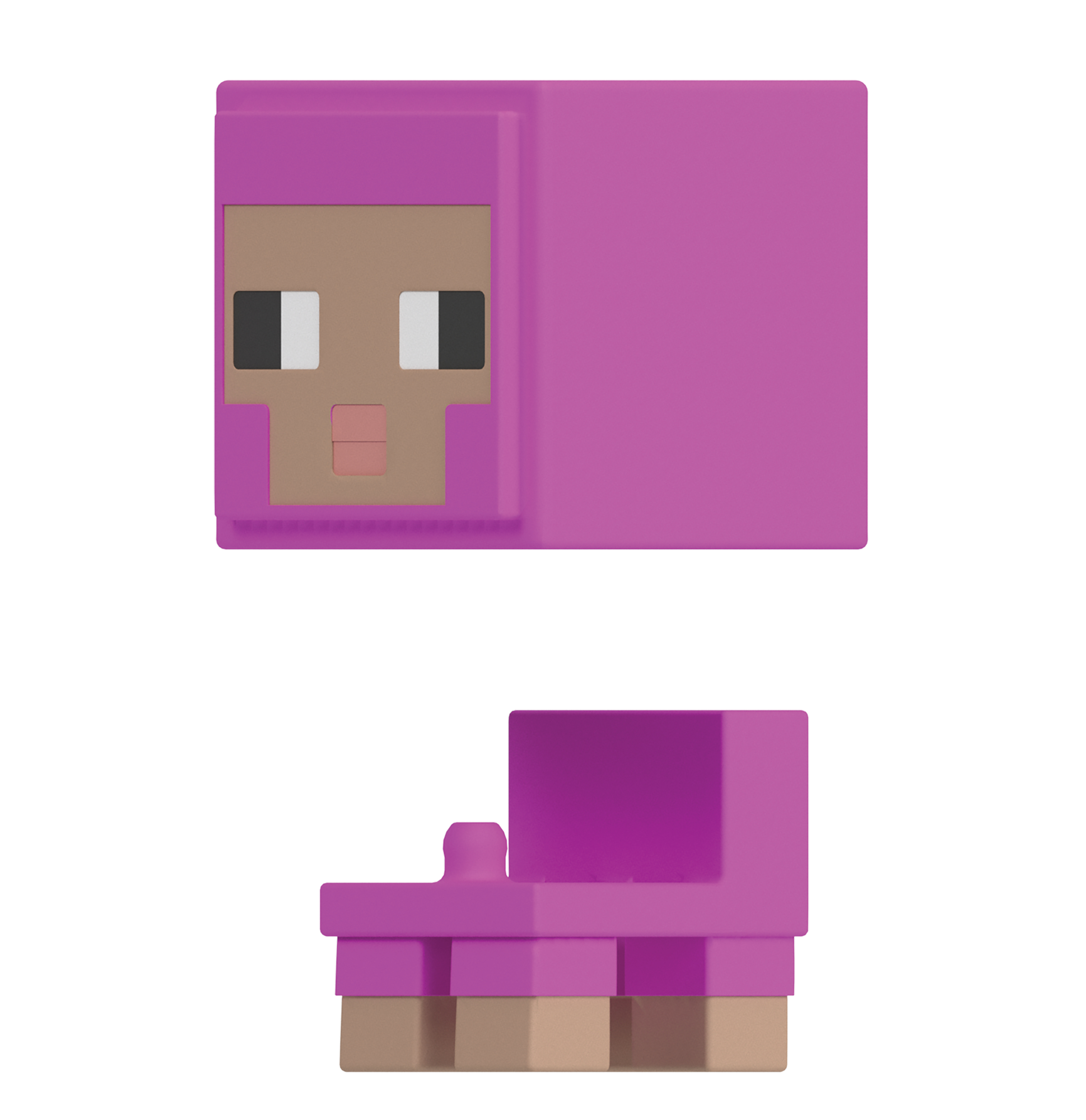 Figurki owiec Minecraft. Widok z góry i z boku różowej i brązowej klockowej zabawki owcy.