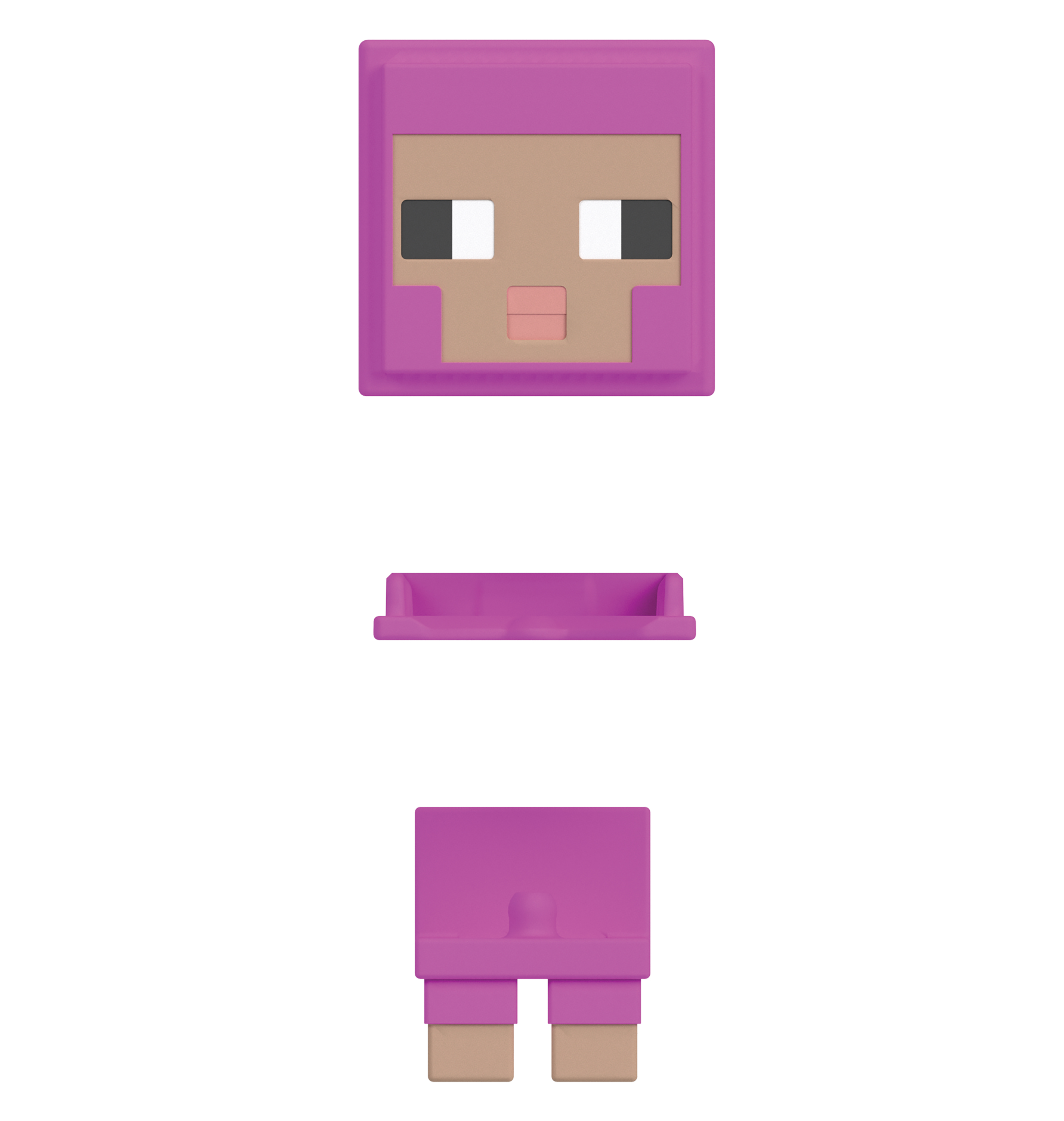 Części zabawek Minecraft tworzące owcę. Owca jest różowa z opaloną twarzą i czarnymi oczami.