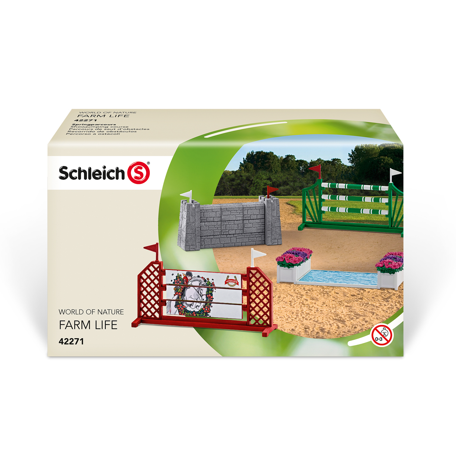 Ein Spielzeugset mit einem Pferde-Springparcours. Enthält Zäune, eine Mauer und einen Wassersprung mit einer Pferdefigur.