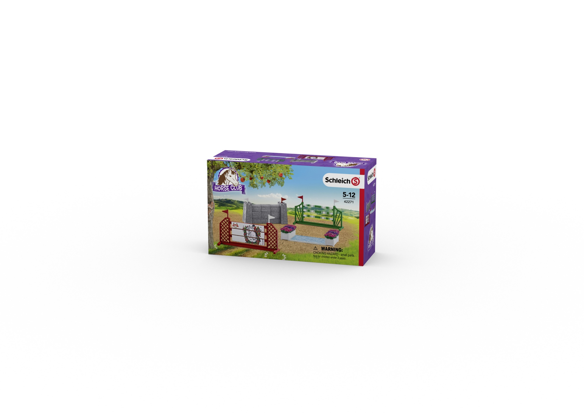 Ein Schleich Horse Club Spielzeugset in einer Box. Die Box zeigt ein Pferd, das über einen Zaun in der Nähe eines Gewässers springt.