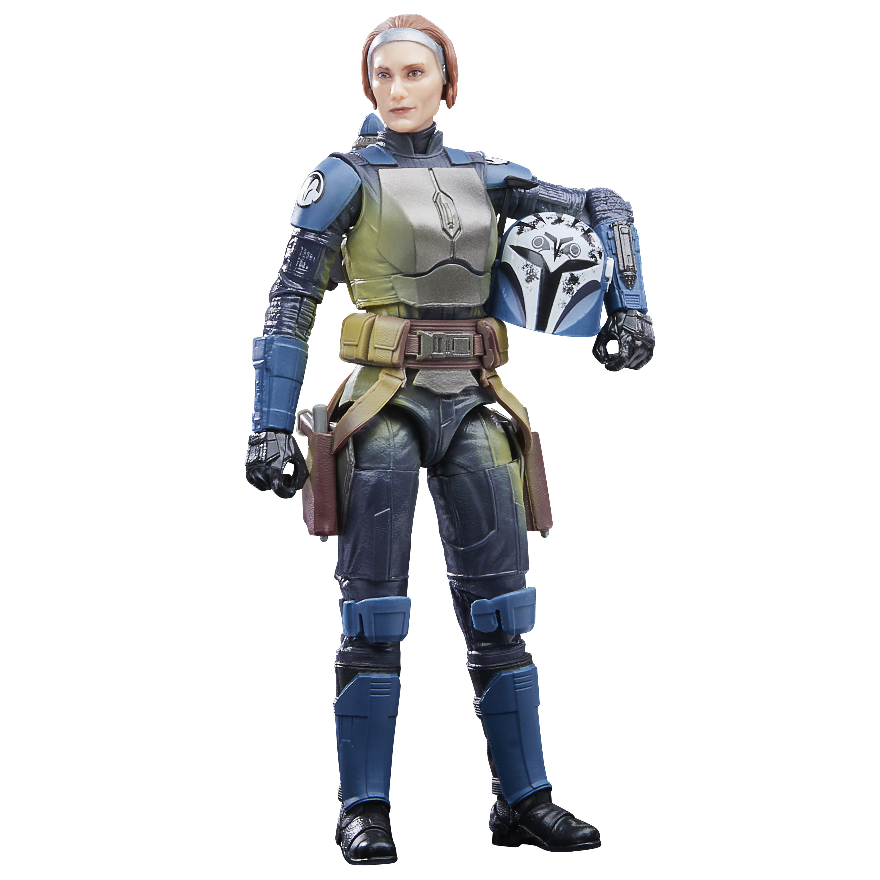 Action figure di una donna in armatura, che tiene un elmetto. Sfondo bianco.