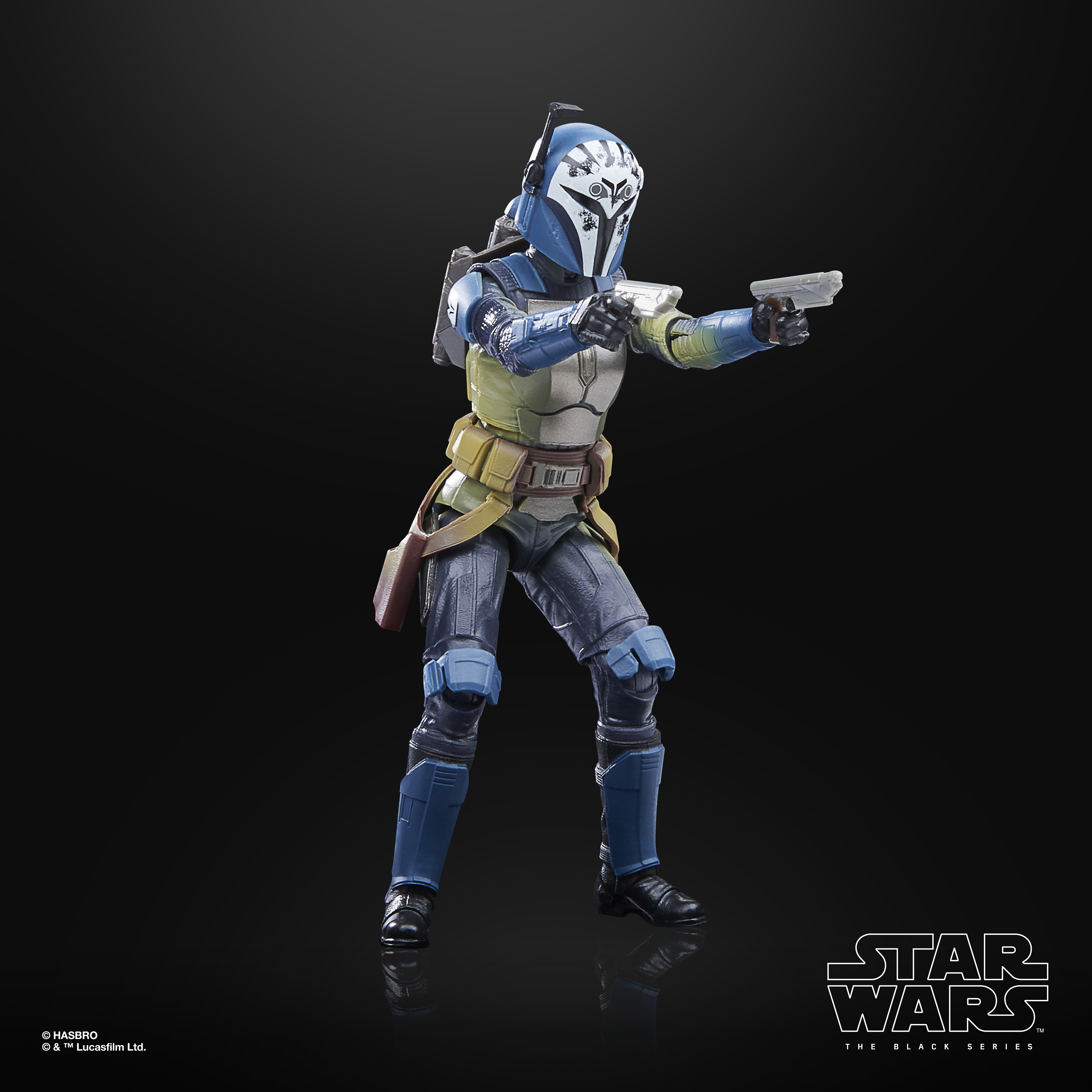 Un personaggio d'azione femminile in blu e verde, che punta una pistola. È un personaggio di Star Wars The Black Series.