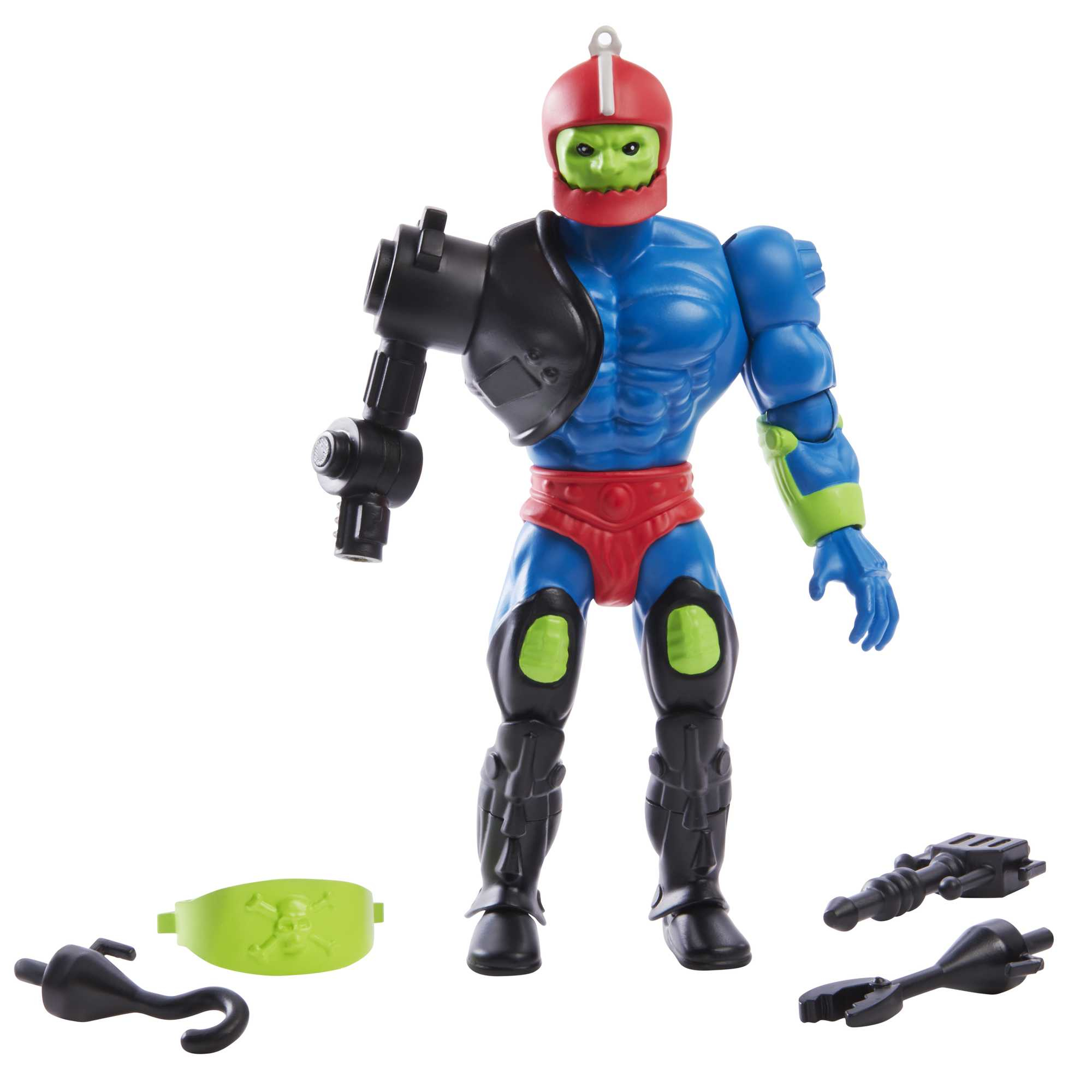 Blaue und rote Spielfigur eines muskulösen Mannes mit rotem Helm und Zubehör.