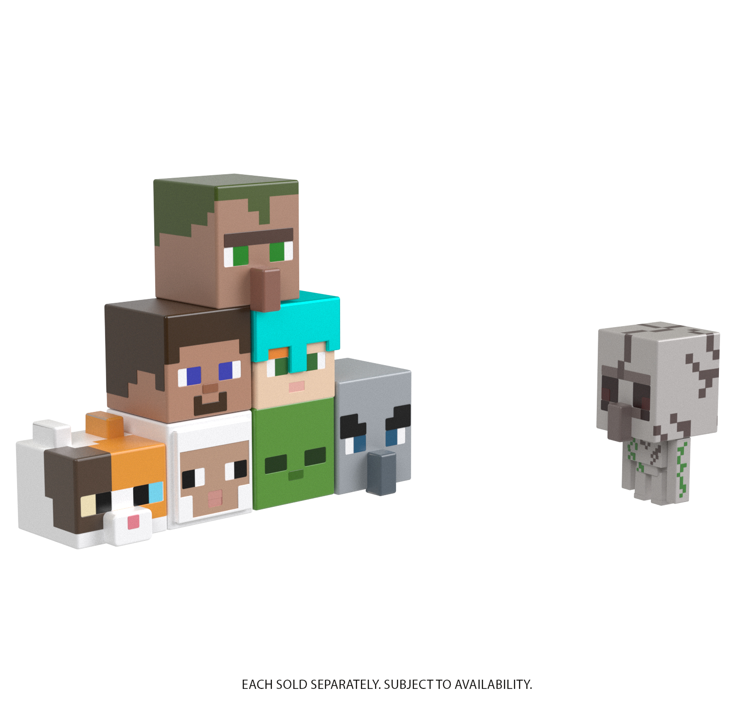 Grupa głów postaci z Minecrafta ułożonych razem i jeden oddzielny, pikselowany potwór.