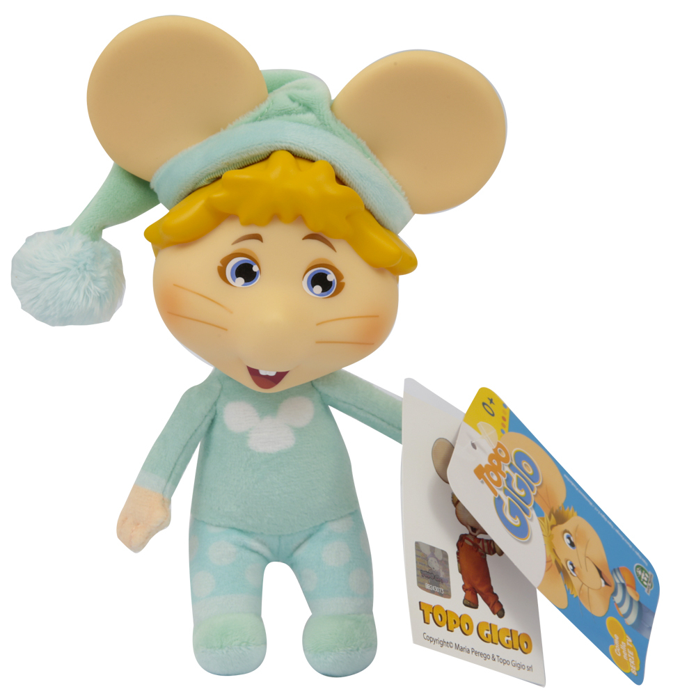 Eine Zeichentrickmaus im Pyjama und einer Schlafmütze, die ein Etikett hält.