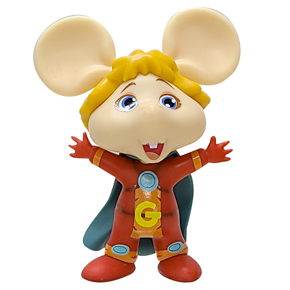 Eine Zeichentrick-Mausfigur in einem Superhelden-Outfit, mit einem breiten Lächeln und offenen Armen.