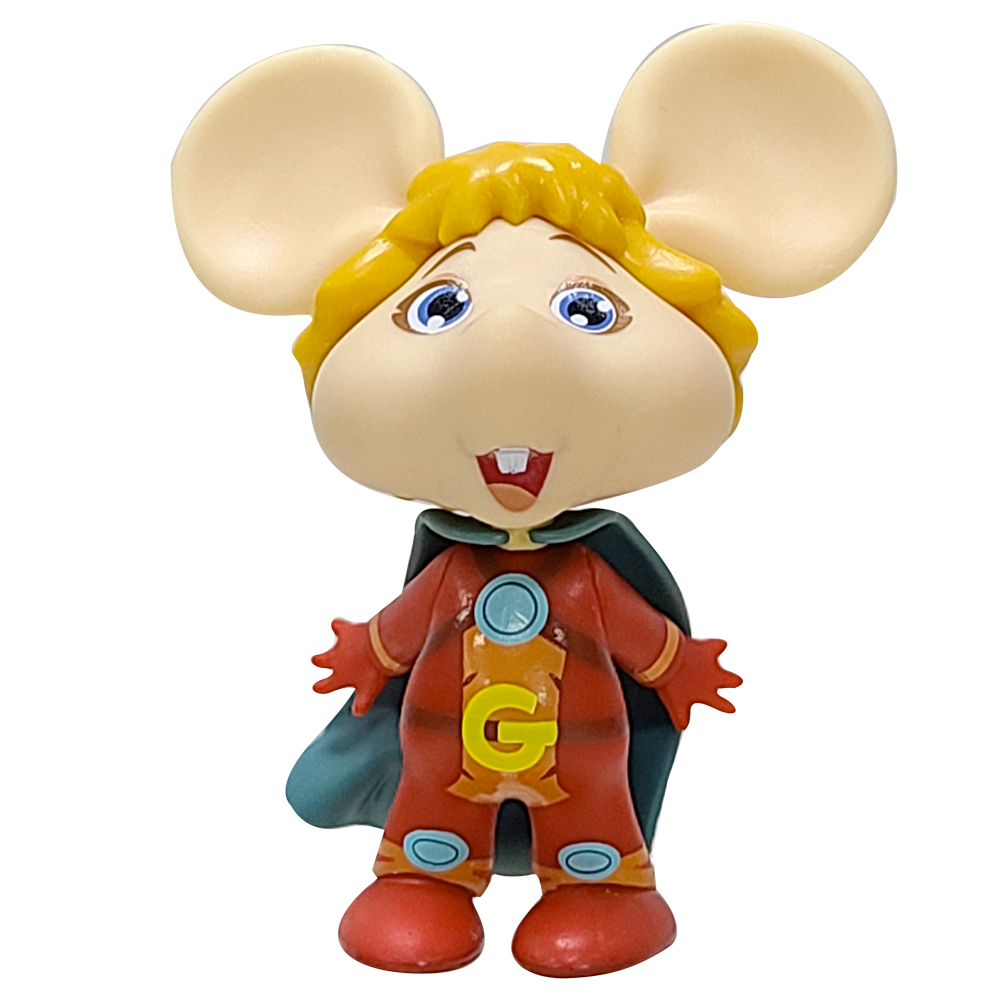 Eine Cartoon-Maus-Figur mit gelben Haaren, die einen roten Anzug und einen Umhang trägt. Die Maus lächelt.