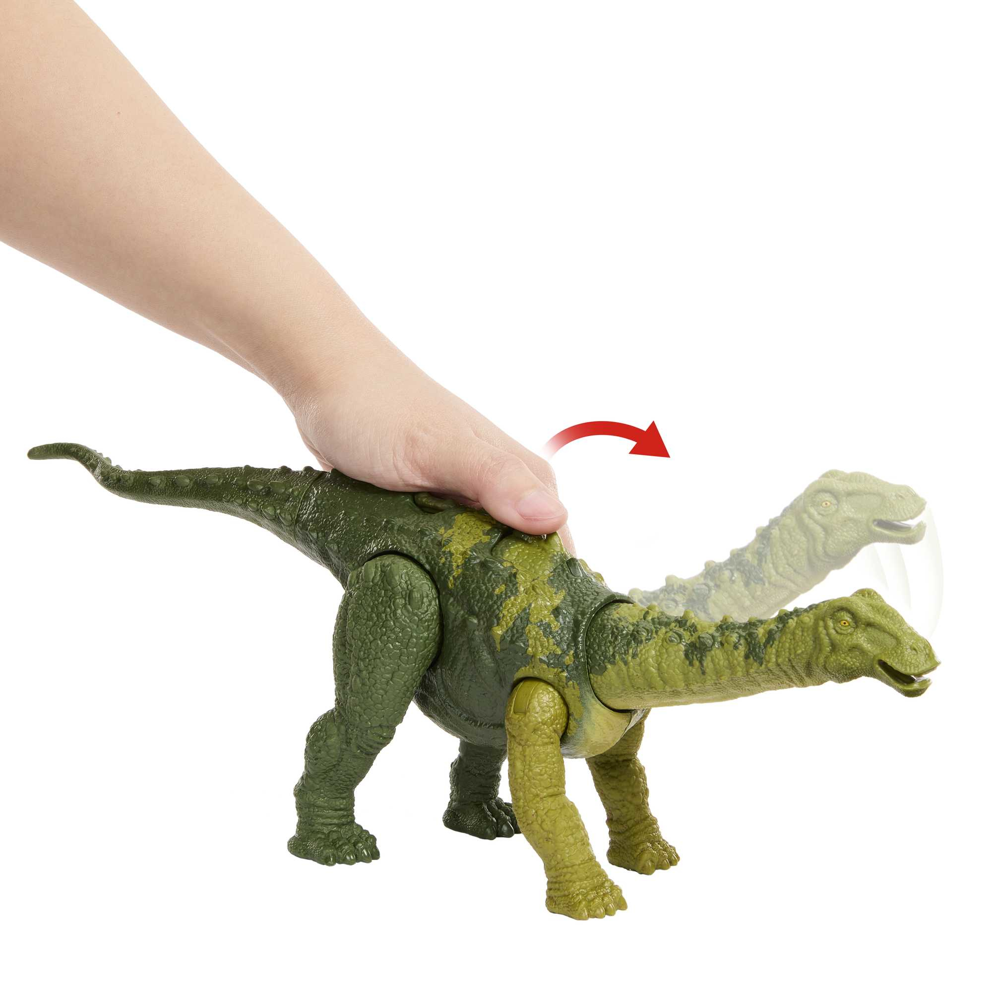 Una mano muove il collo di un giocattolo di dinosauro verde. Un'altra immagine di dinosauro sullo sfondo.