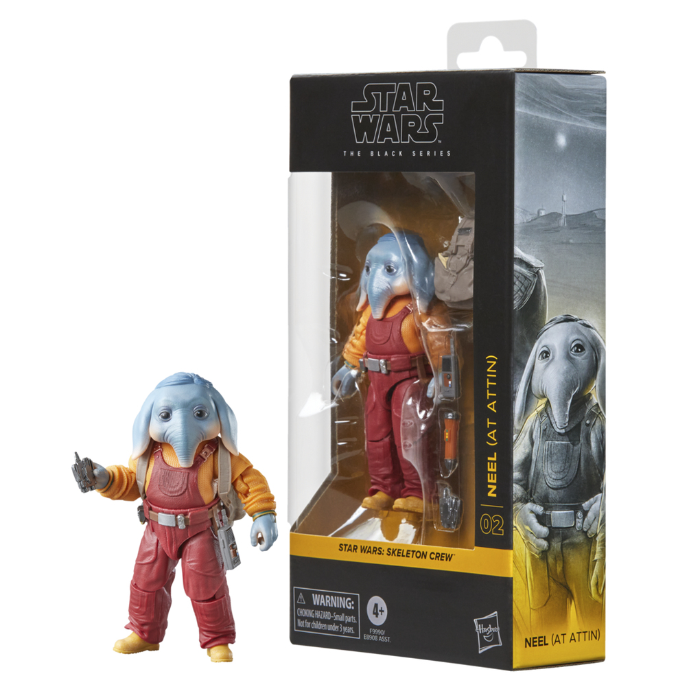 Star Wars oyuncak kutusu. Figür, kırmızı tulum ve sarı gömlek giyen mavi tenli bir uzaylı.