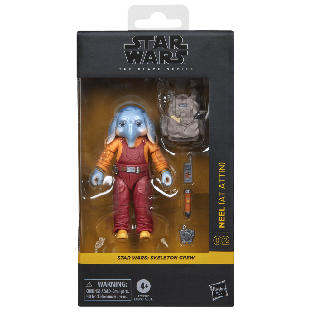 Paket içinde bir Star Wars aksiyon figürü, sırt çantalı mavi bir uzaylı figürü.