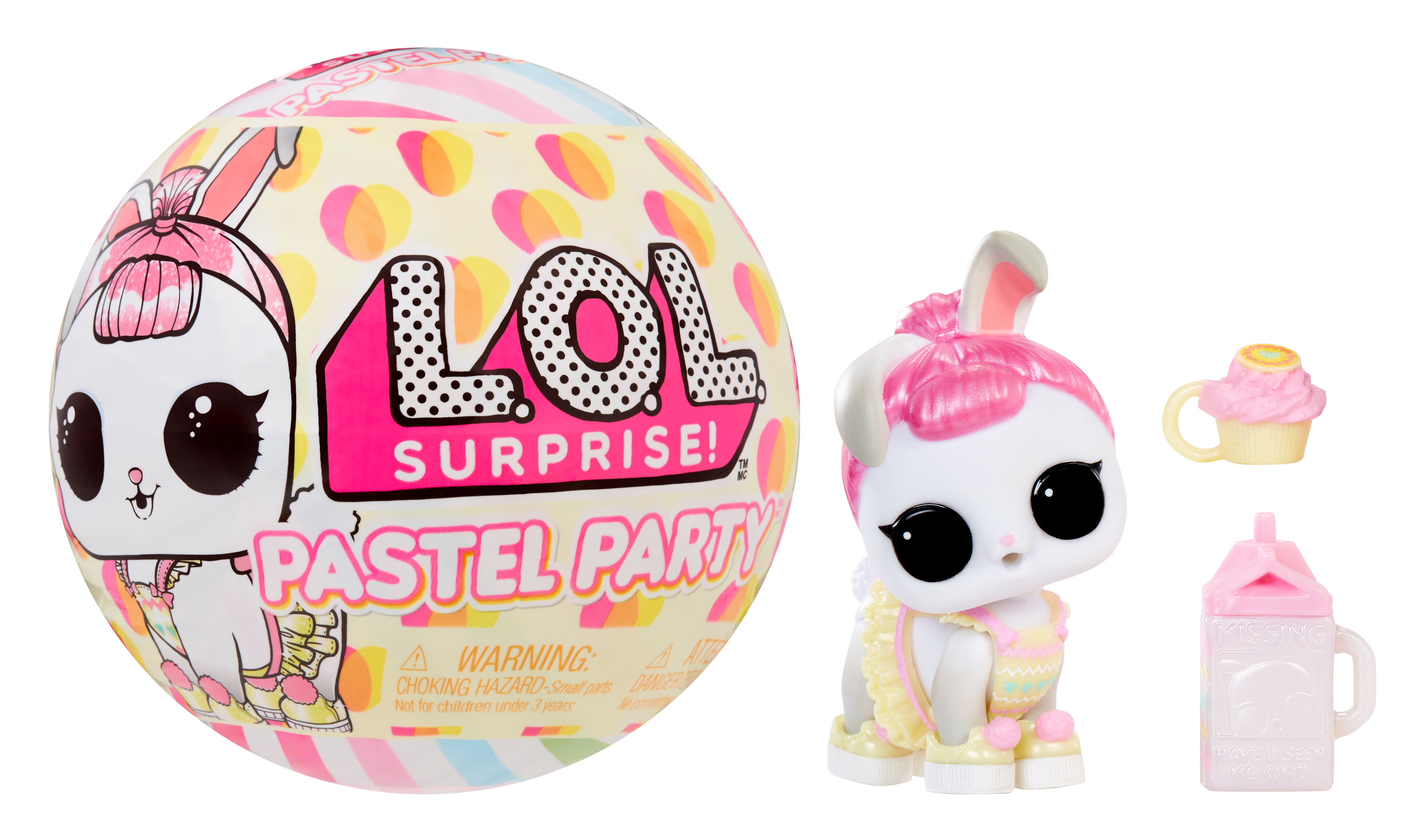 LOL Surprise Pastel Party Puppe mit hasenartigem Aussehen, rosa Haaren und Zubehör.