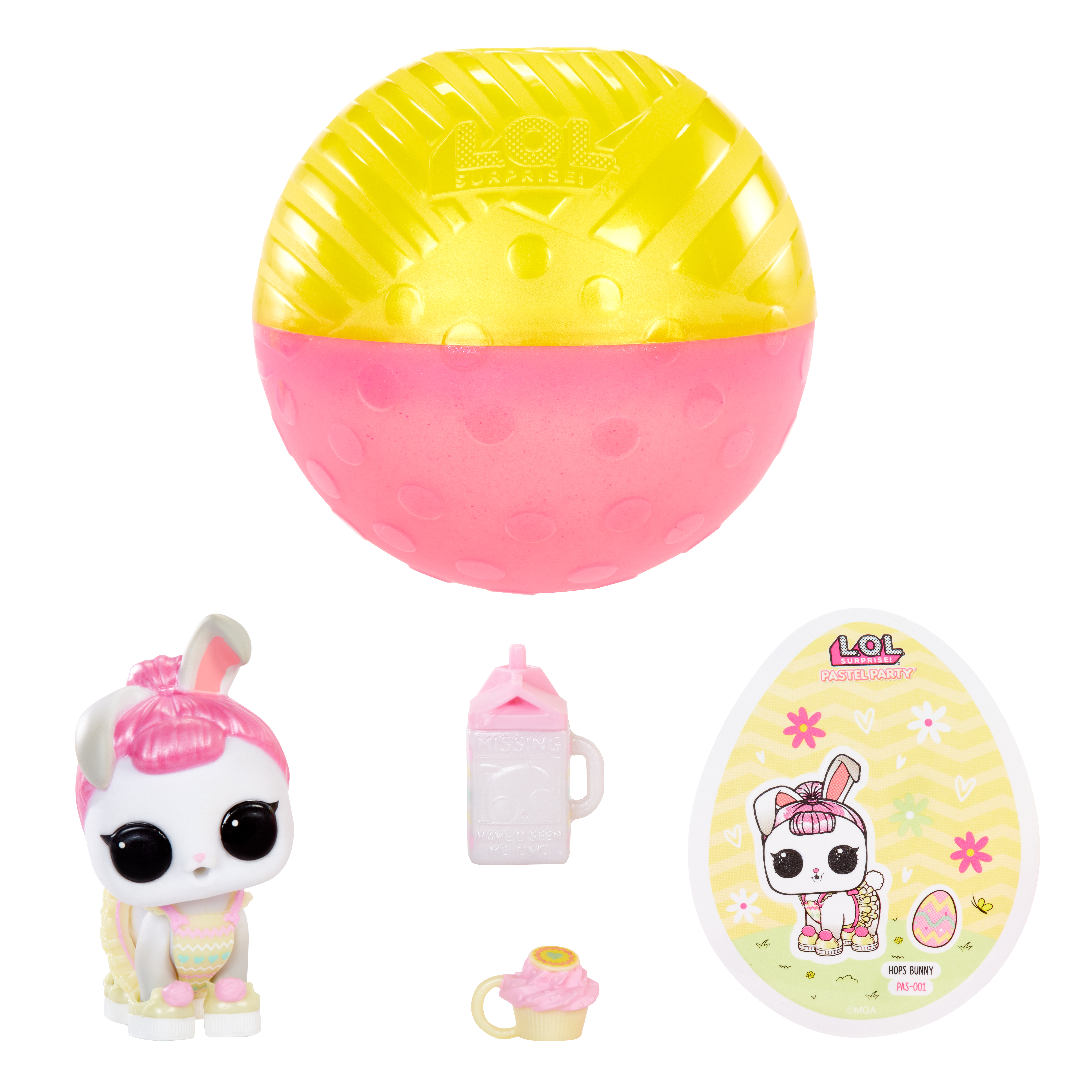 Ein LOL Surprise Ball, Puppe, Zubehör und eine eiförmige Karte mit einer Hasenillustration.