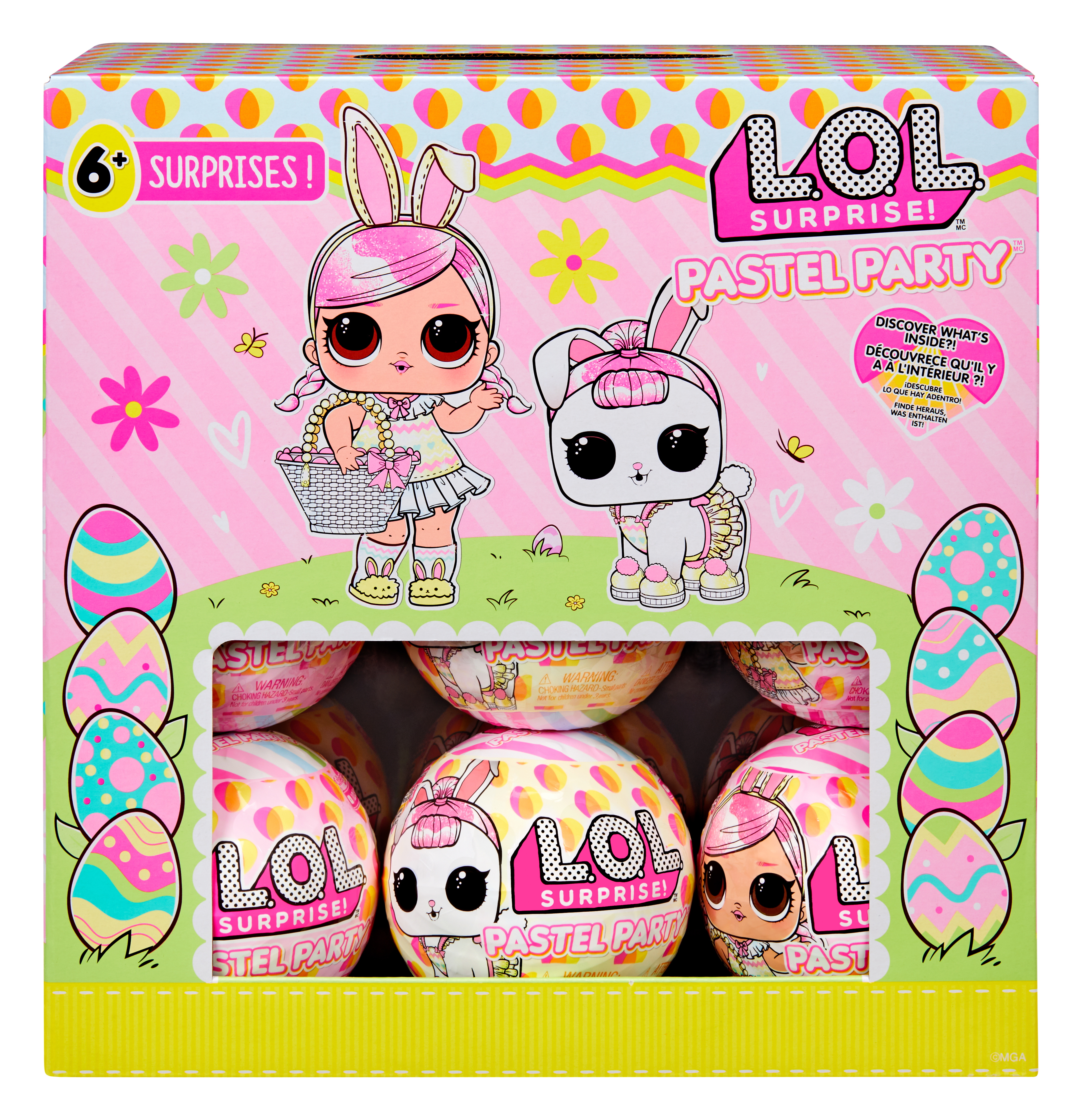 Eine Schachtel mit LOL Surprise Pastel Party-Puppen, mit rosa Hintergrund und Bildern der Puppen auf der Vorderseite.