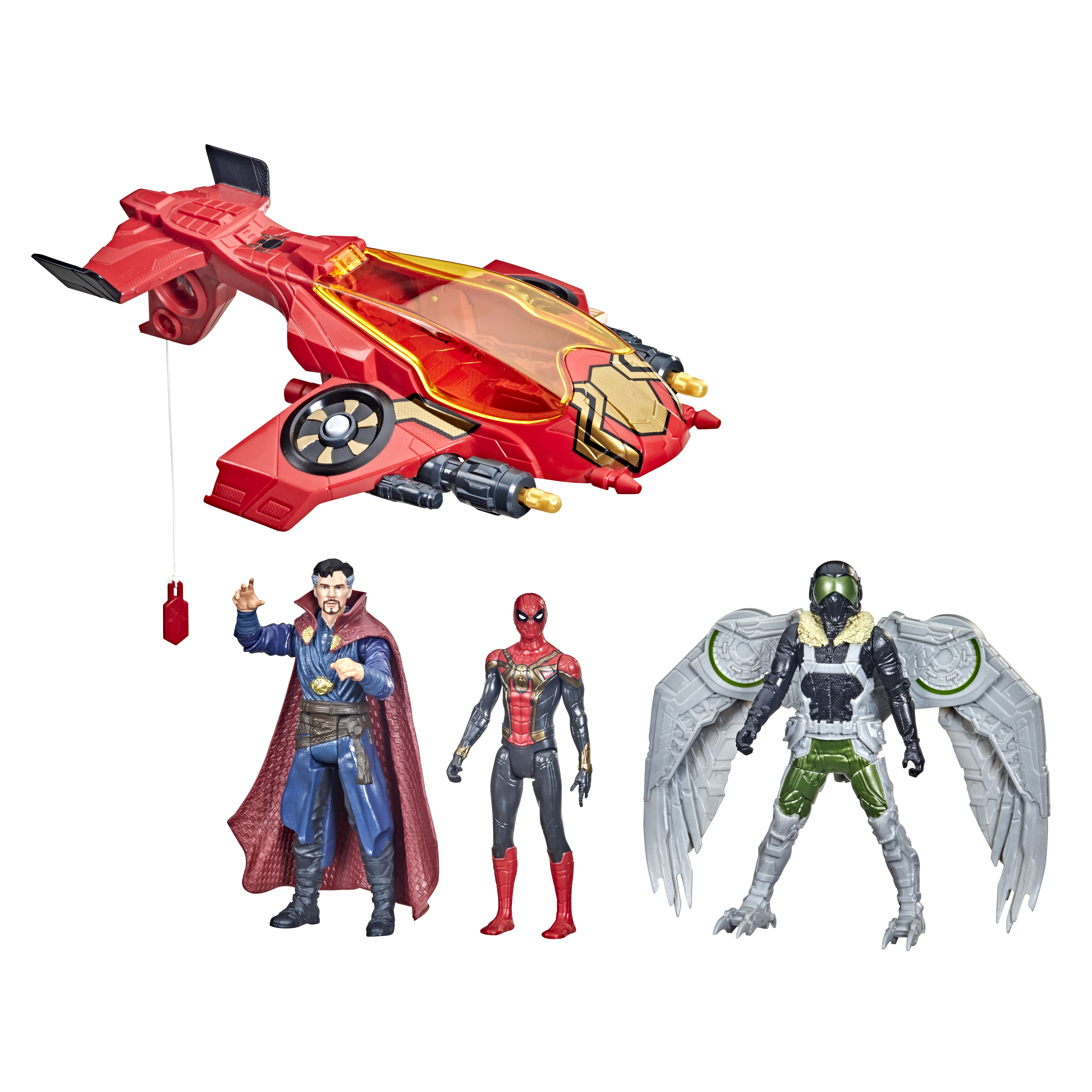 Action figure di Doctor Strange, Spider-Man e Vulture con un giocattolo aereo rosso.