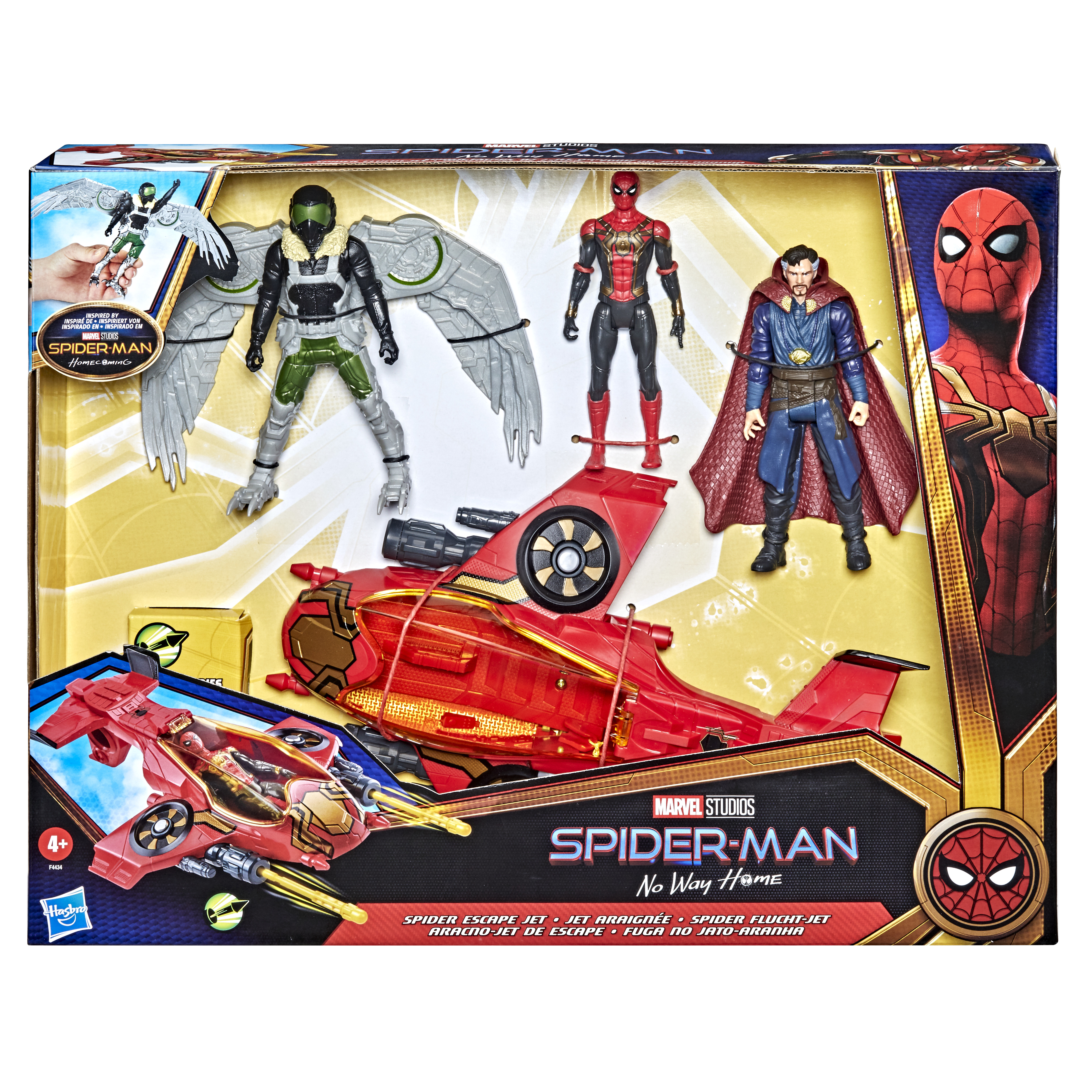 Set di giocattoli con personaggi di Spider-Man e un jet rosso. Include Vulture, Spider-Man e Doctor Strange.