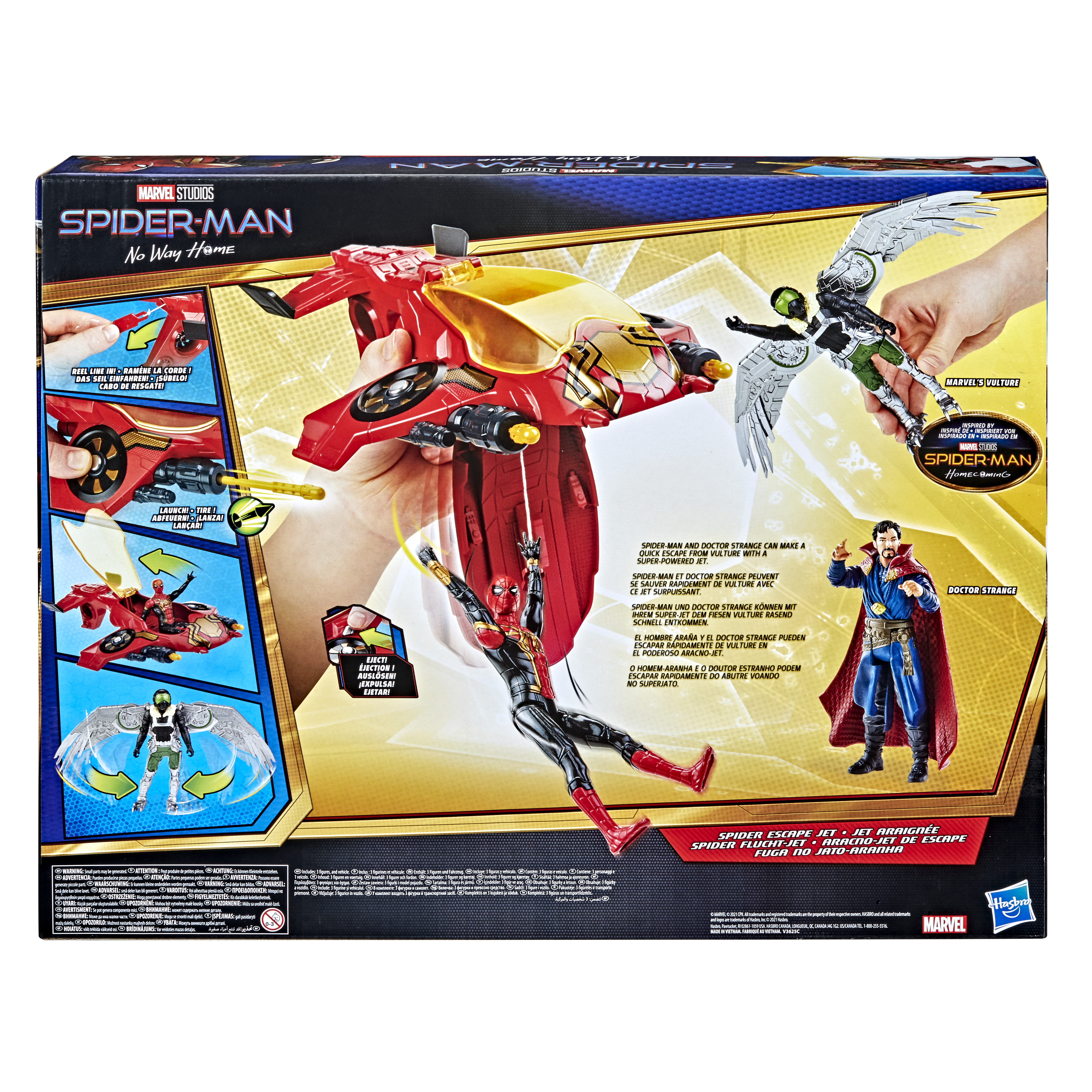 Il retro di una scatola di giocattoli di Spider-Man, che mostra un jet, le figure di Spider-Man e Doctor Strange.