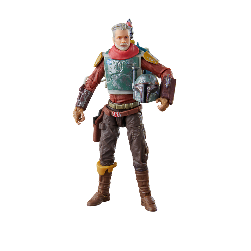 Una action figure di Boba Fett in piedi con un casco in mano. Ha un foulard rosso e abiti marroni.