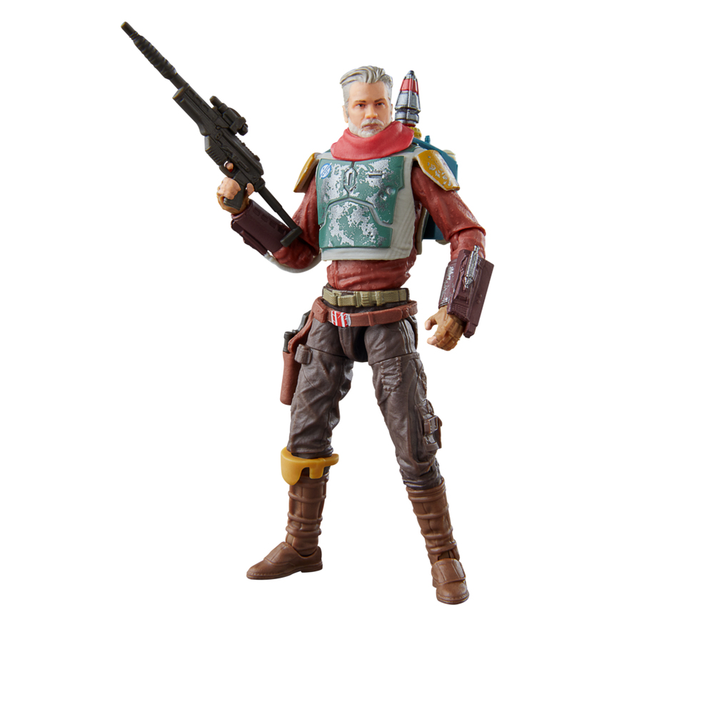 Figura di Star Wars di un uomo con camicia rossa, armatura verde e blaster su sfondo bianco.