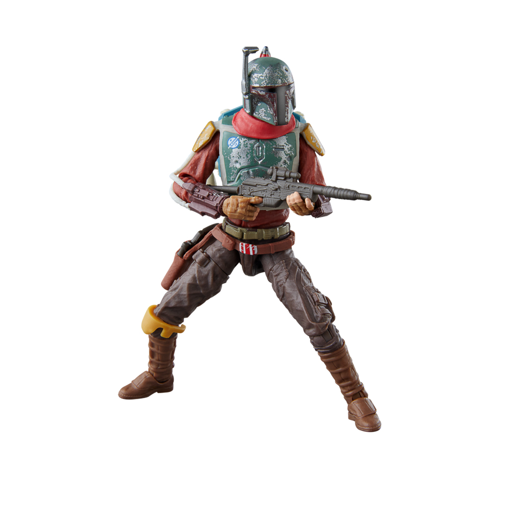 Una figura di Star Wars, Boba Fett, in posa con una pistola, su sfondo bianco.
