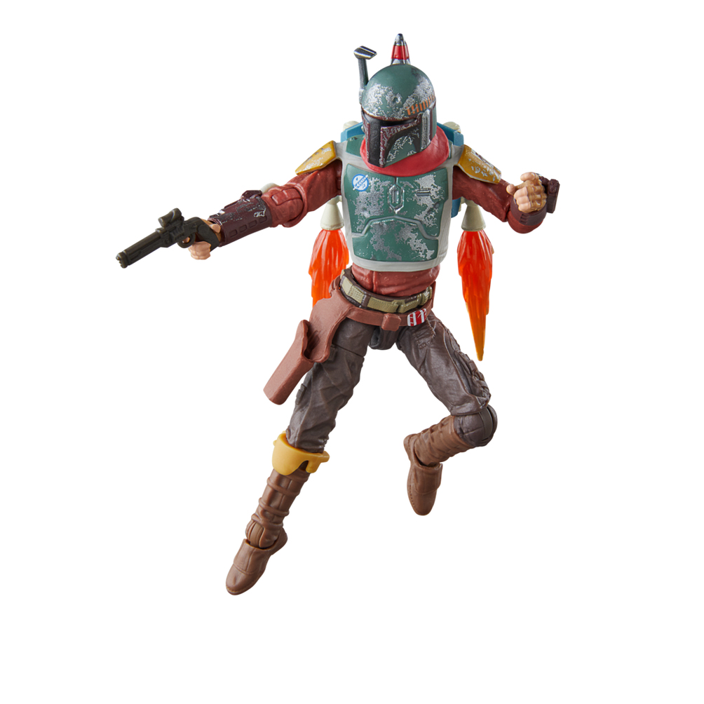 Una figura di Star Wars in posa dinamica, con un blaster e un jetpack, su sfondo bianco.