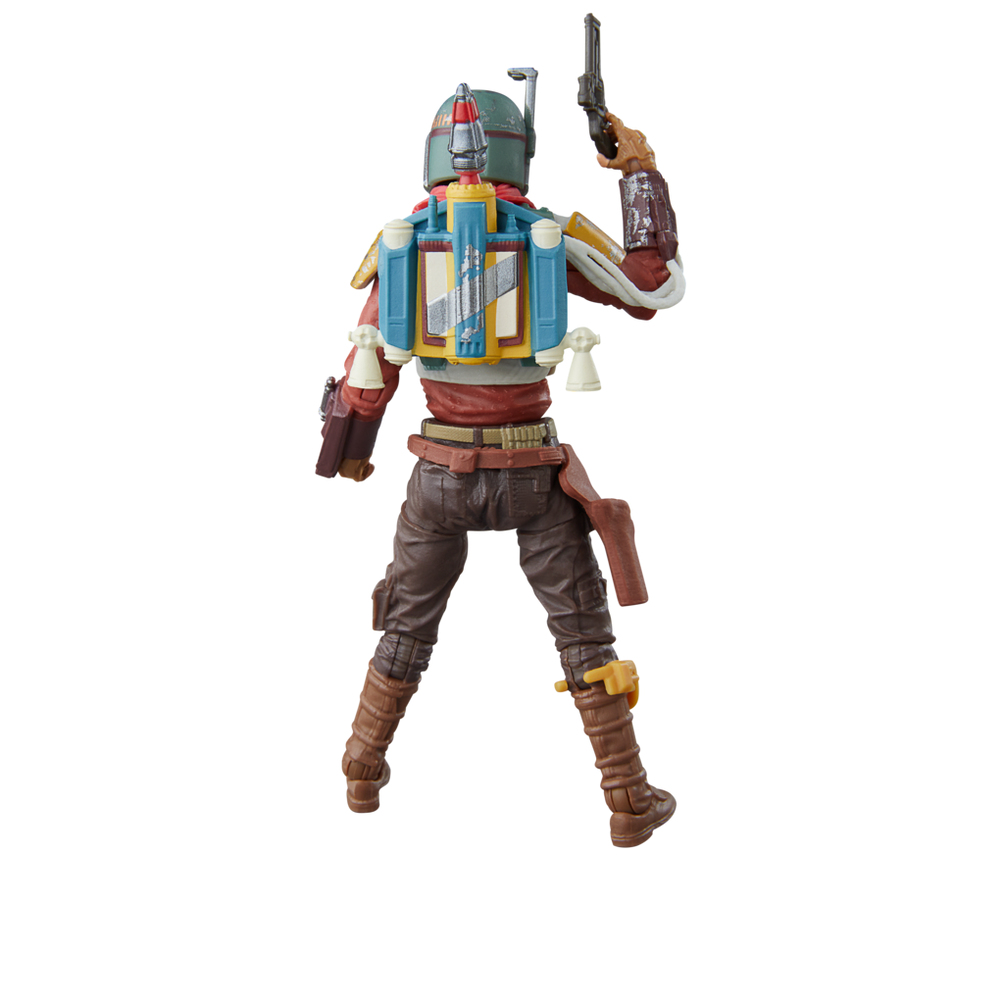 Figura di Star Wars, vista posteriore, camicia rossa, armatura verde e jetpack su sfondo bianco.