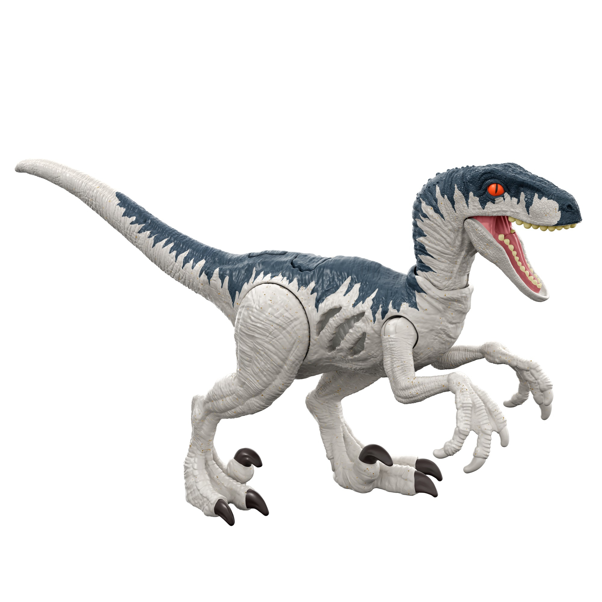 Ein blaues und weißes Dinosaurierspielzeug mit langem Schwanz und offenem Maul, das Zähne zeigt.