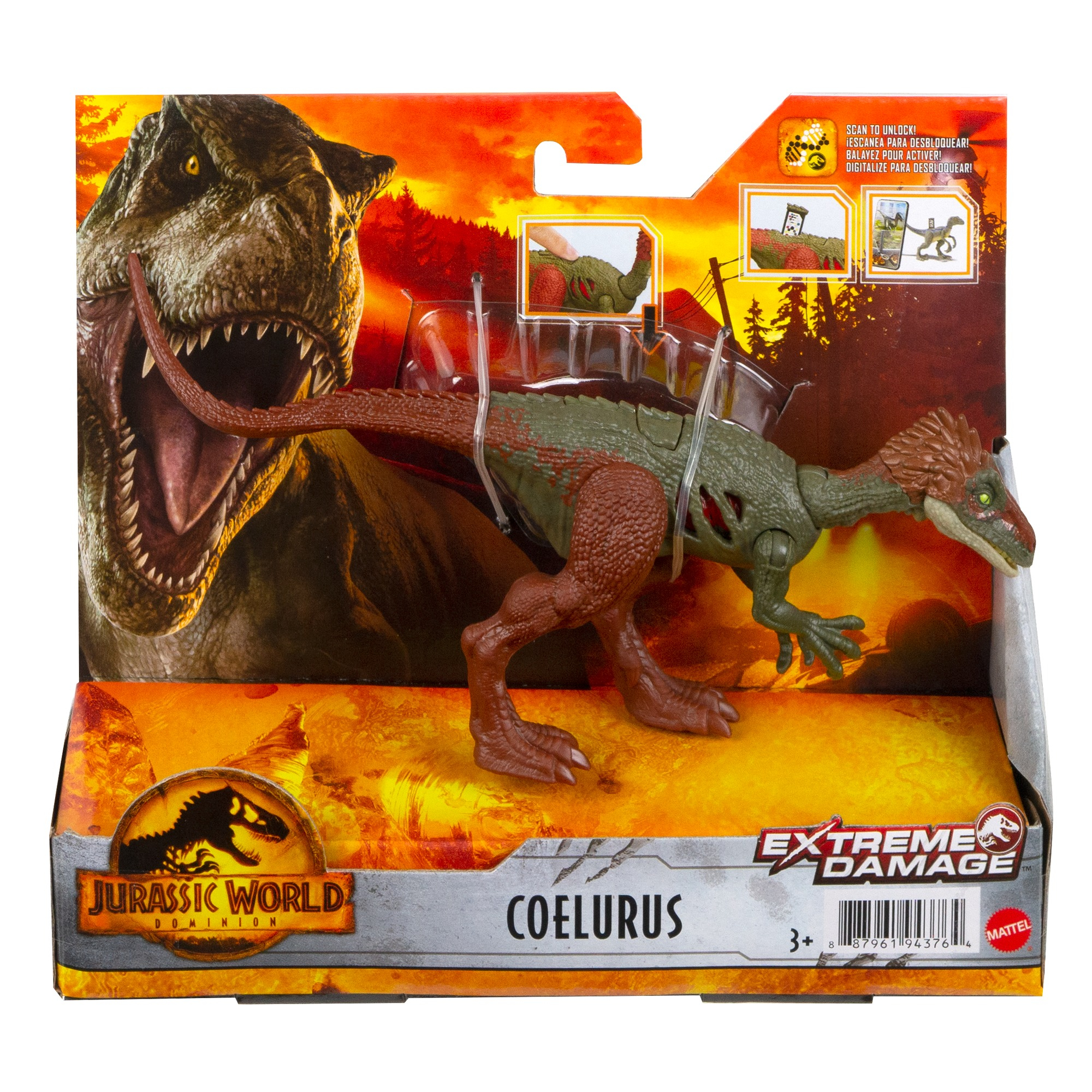 Ein grünes Coelurus-Spielzeug befindet sich in einer Box mit Bildern eines Dinosauriers und eines T-Rex. Es ist ein Extrem-Schaden-Spielzeug.