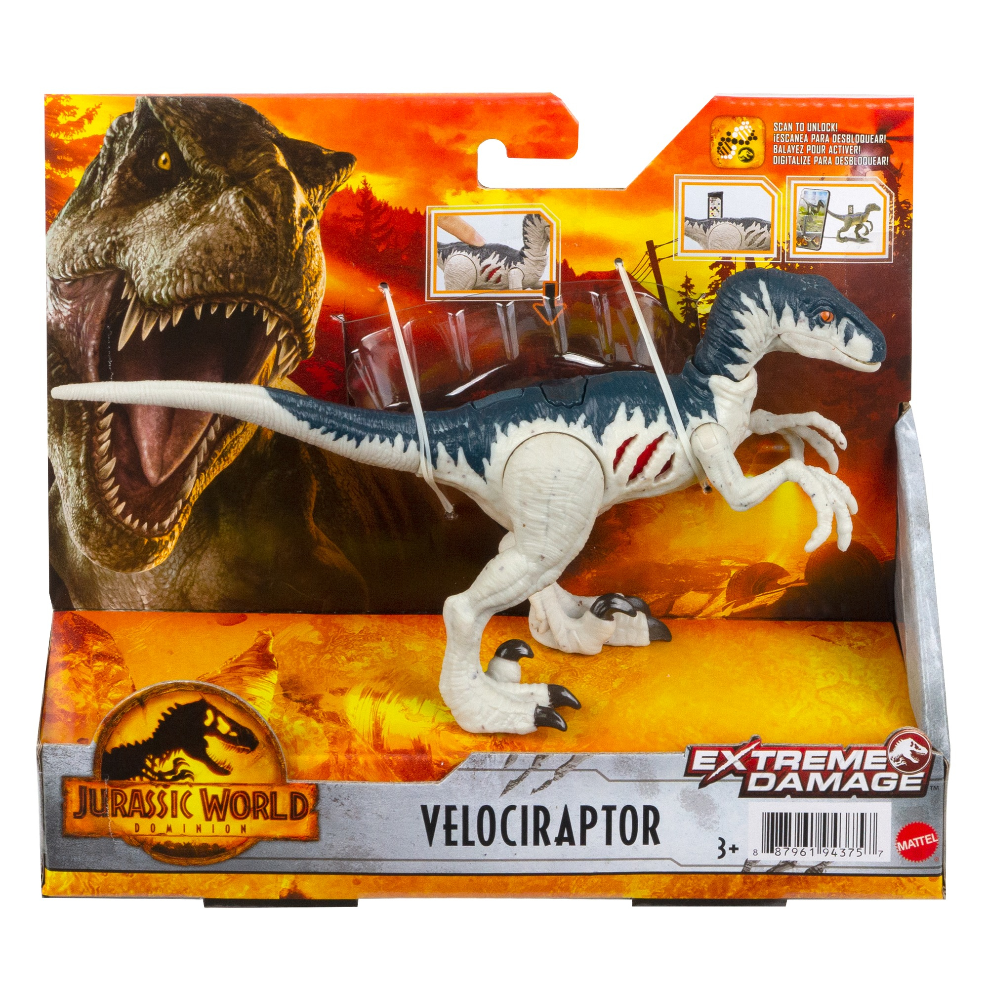 Ein weißes und blaues Velociraptor-Spielzeug befindet sich in einer Box mit Grafiken eines Dinosauriers und einem T-Rex im Hintergrund.