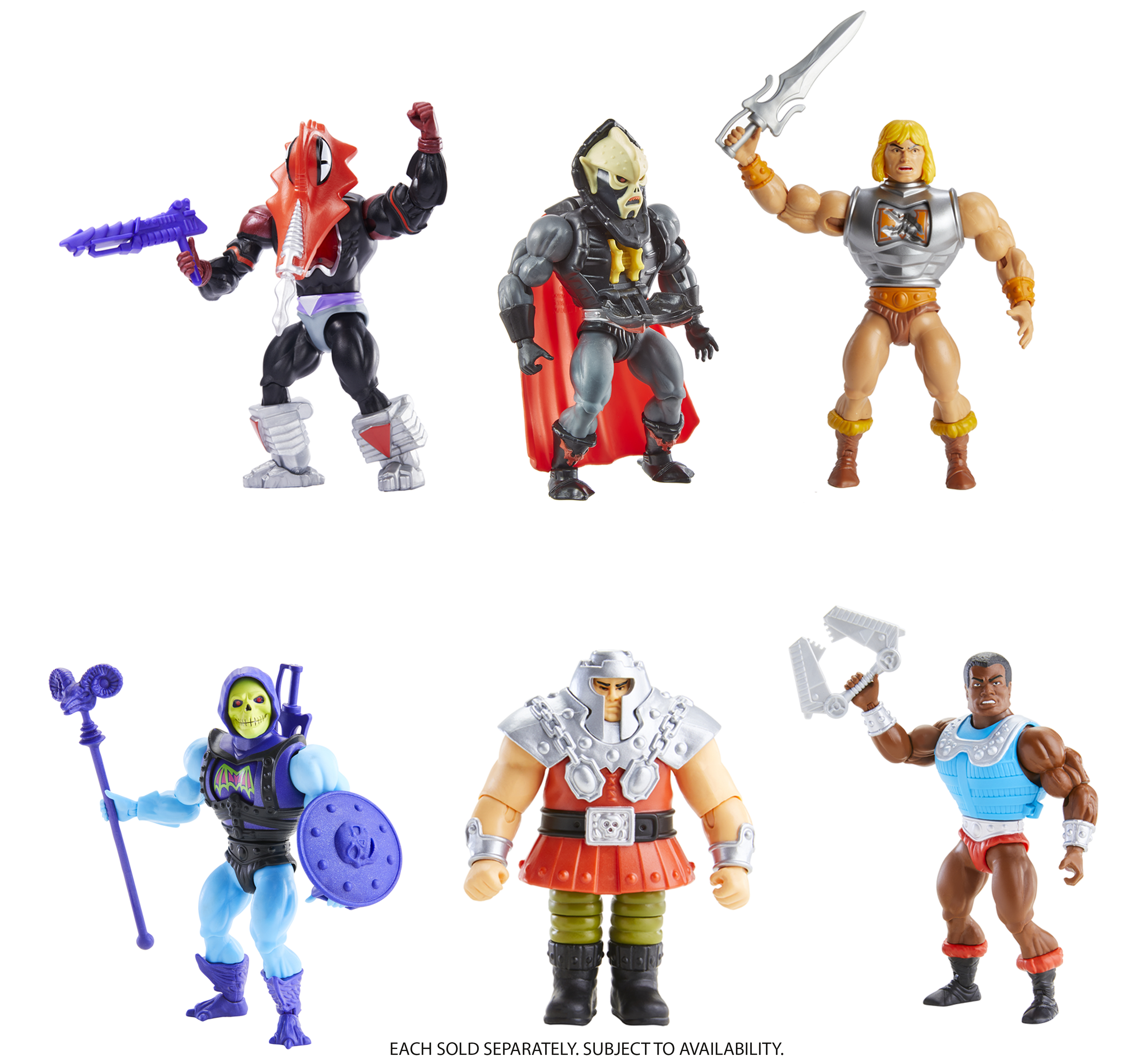 Wyświetlono sześć figurek akcji. Każda to męska postać w różnych strojach, na białym tle.