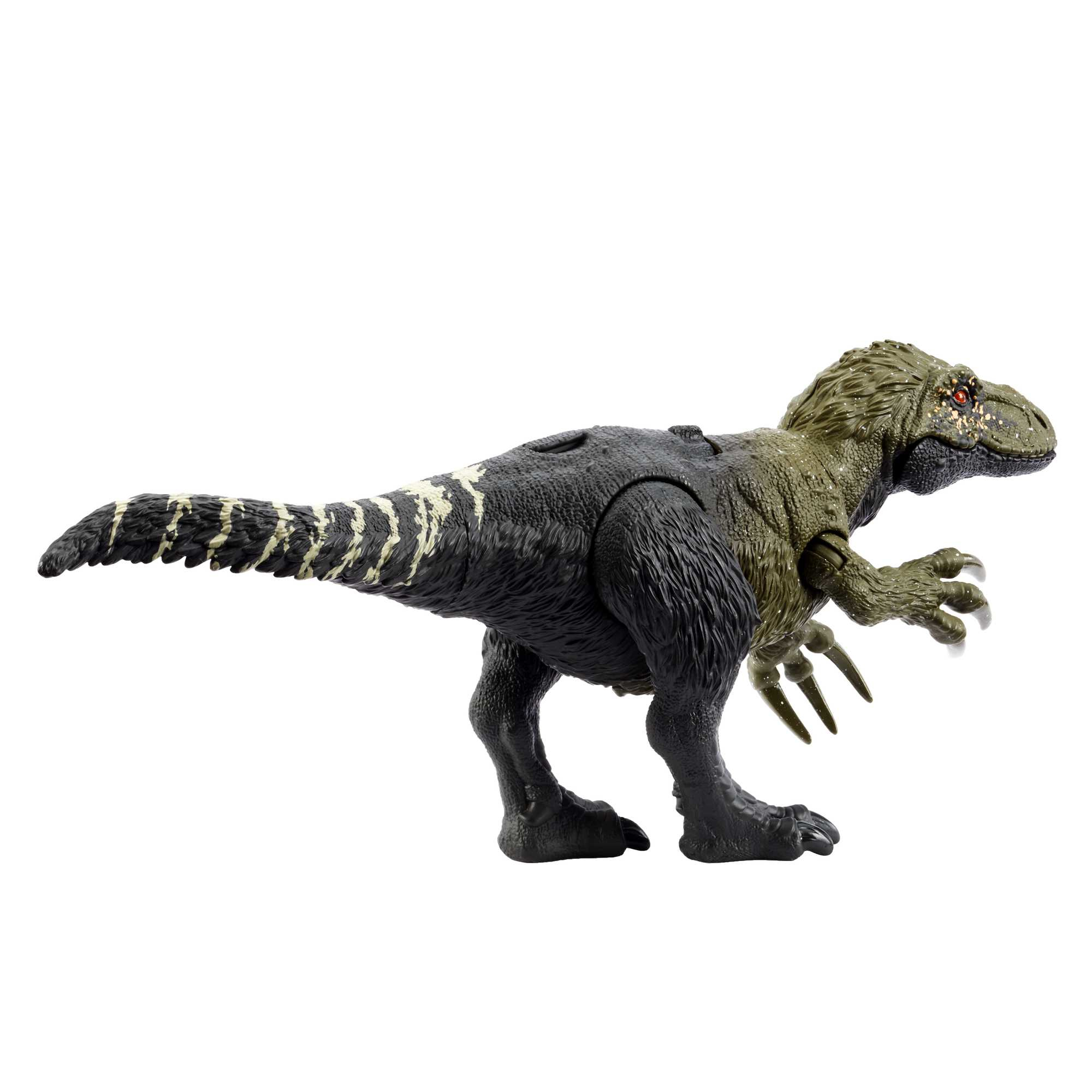 Un giocattolo a forma di dinosauro. È nero e verde con occhi rossi. Lo sfondo è bianco.