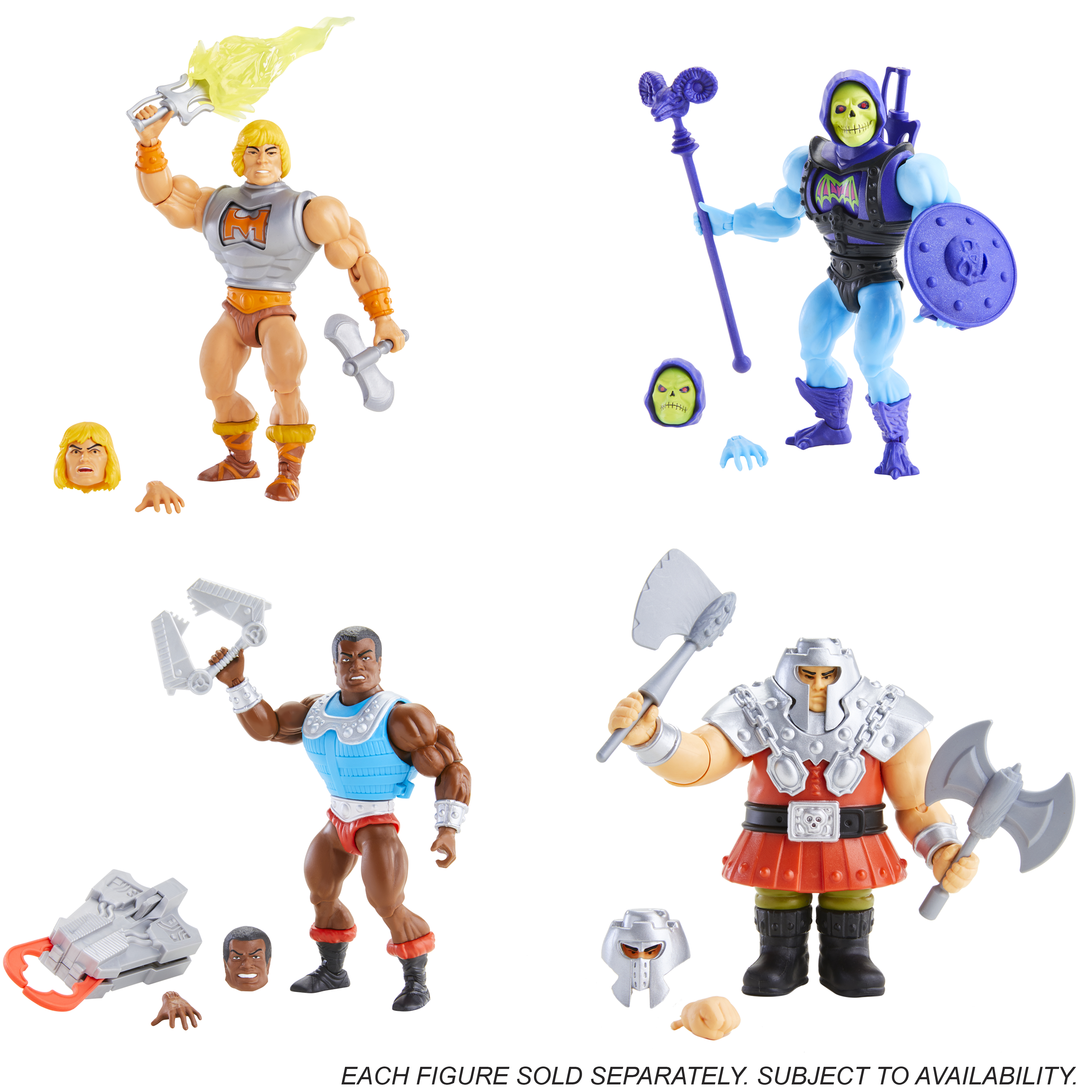 Pokazano cztery figurki He-Mana. Są muskularne z różnymi zbrojami i bronią. Tło jest białe.