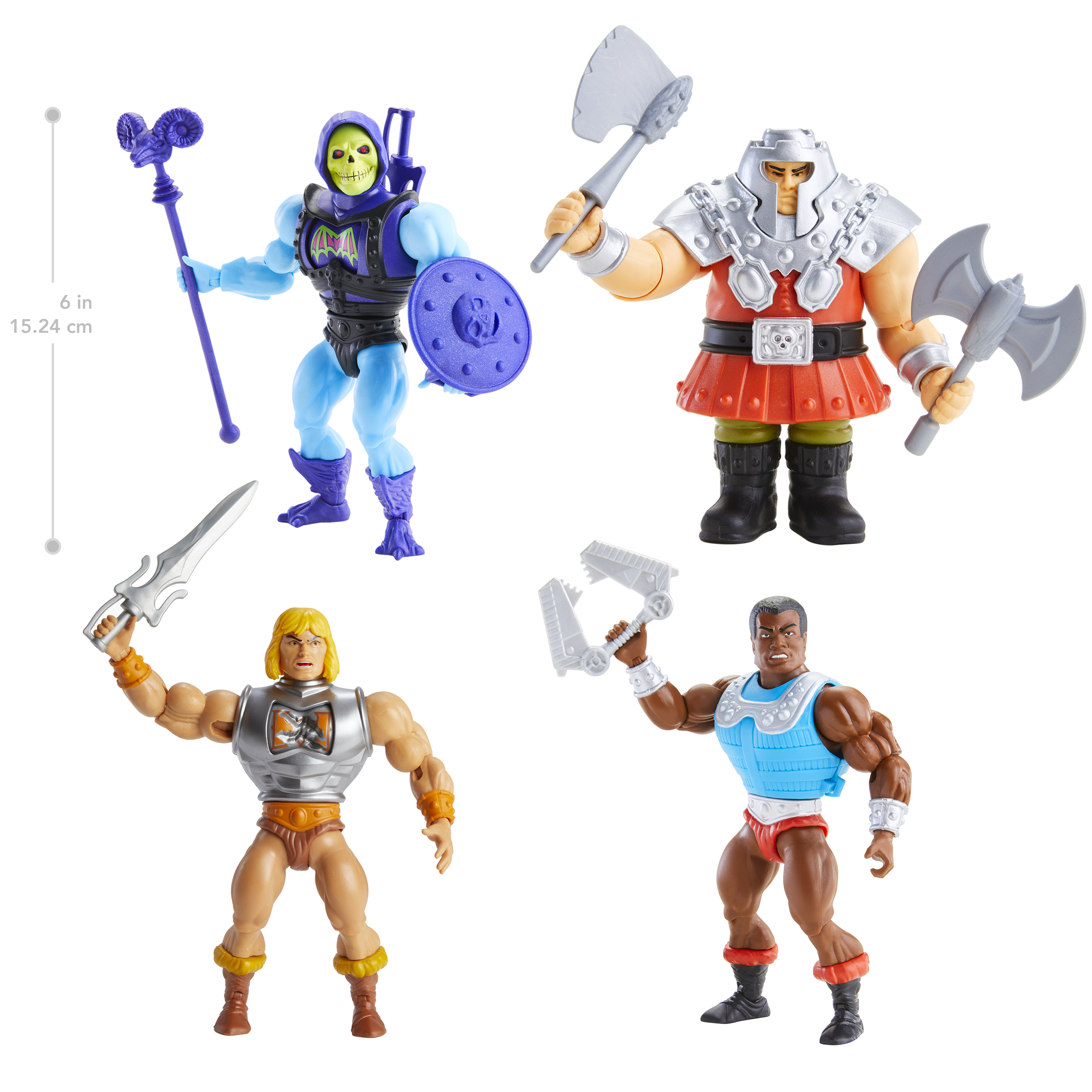 Cztery figurki: Skeletor, Man-At-Arms, He-Man i czarny mężczyzna z bronią. Wszystkie kolorowe.