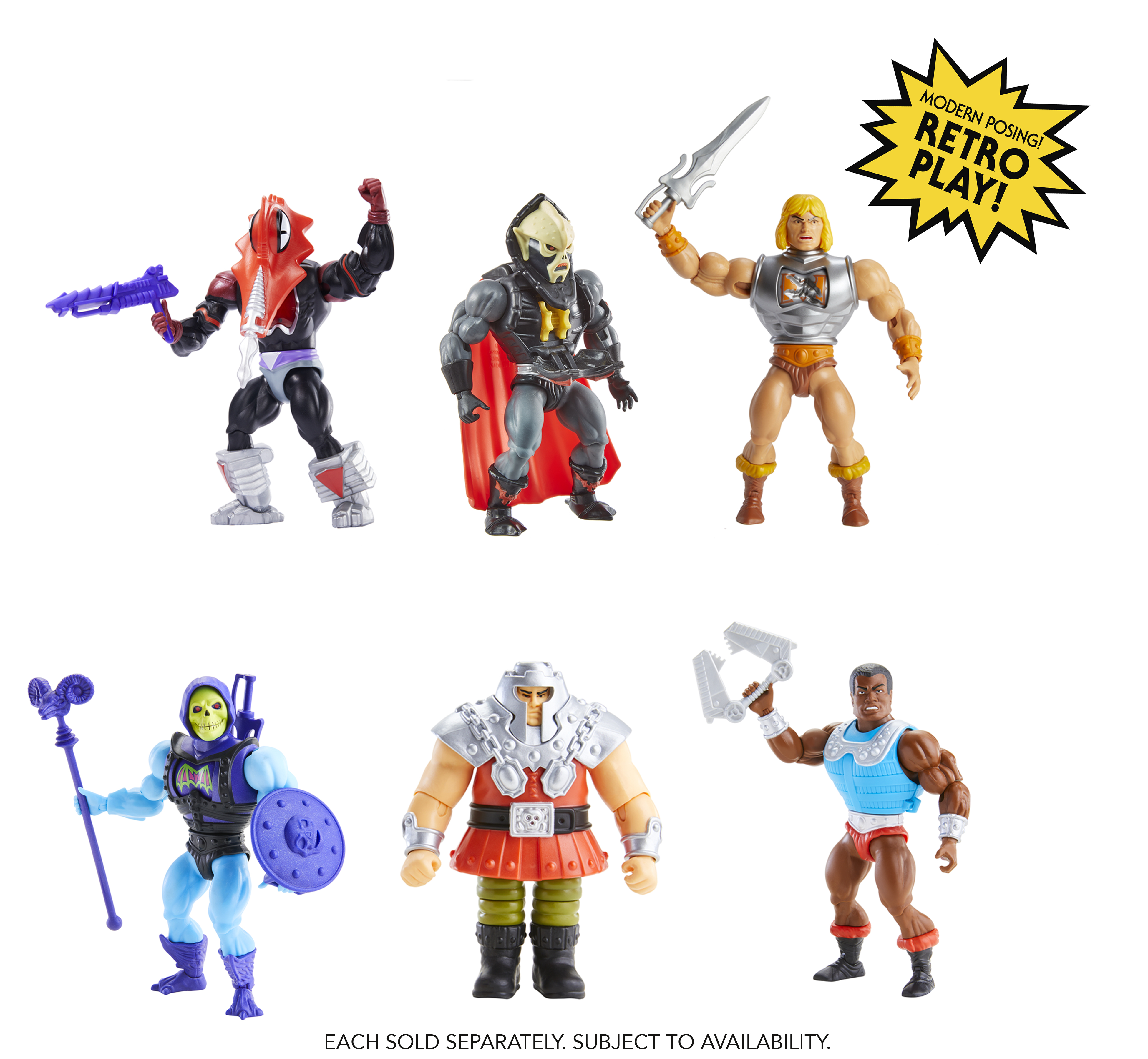 Sześć figurek: He-Man, Skeletor i inni z bronią. Zawiera etykietę do gry retro w nowoczesnej pozie.